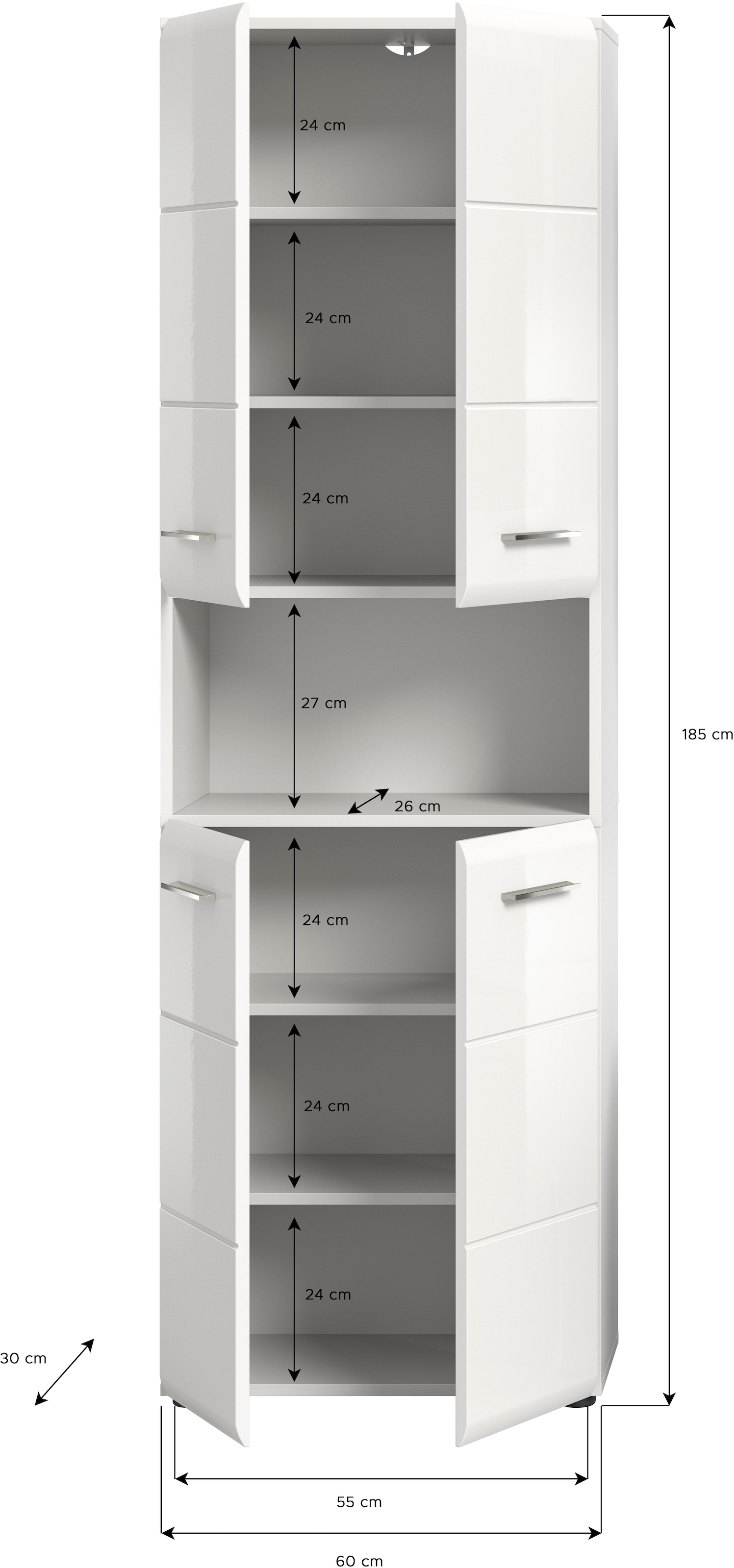 INOSIGN Hochschrank »FLORENZ, TOPSELLER!, Höhe 185 cm, 4 Türen, 4 Fachböden, 1 offenes Fach«, hochwertige MDF Front, Griff chromglänzend, Badschrank, Bad