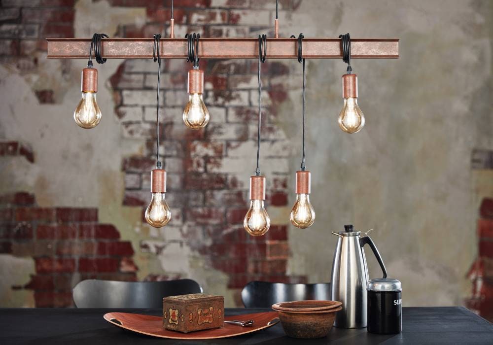 EGLO Pendelleuchte »TOWNSHEND 4 Hängeleuchte, Stahl, Rostoptik, Retro, Vintage, E27«, 6 flammig, Leuchtmittel E27 | ohne Leuchtmittel, antik-braun, Metallbalken, Esszimmer, 6 flammig, 110x100,5x7cm