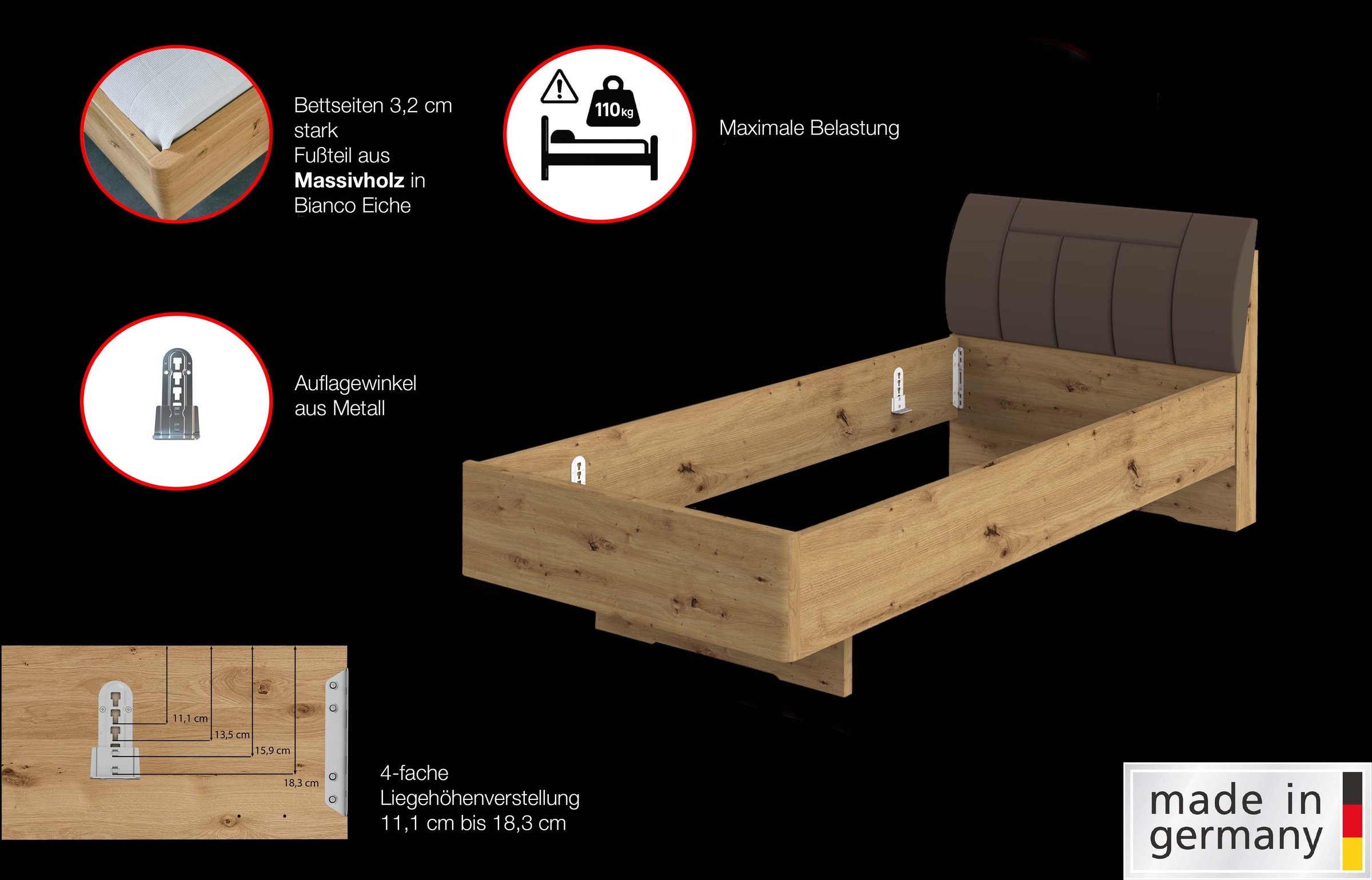 WIEMANN Holzbett »Cardiff, Bettgestell, Bettrahmen, teilmassiv, mit Polsterkopfteil«, (Belastbarkeit 110/220 Kg, 4-fache höhenverstellbar, MADE IN GERMANY), Fußteil aus Massivholz, verschiedene Größen