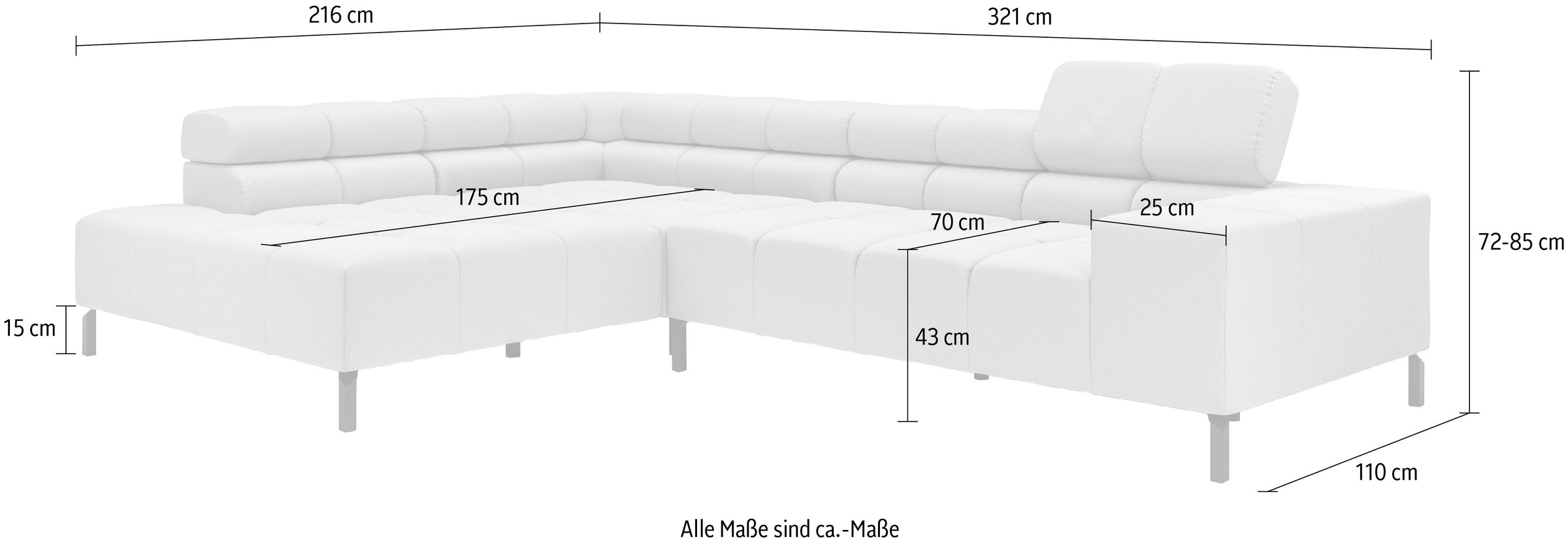 INOSIGN Ecksofa »Ancona New, wahlweise motorische Sitztiefenverstellung, auch Cord«, feine Steppung, mit Kopfteilverstellung, 3 Zierkissen, L-Form