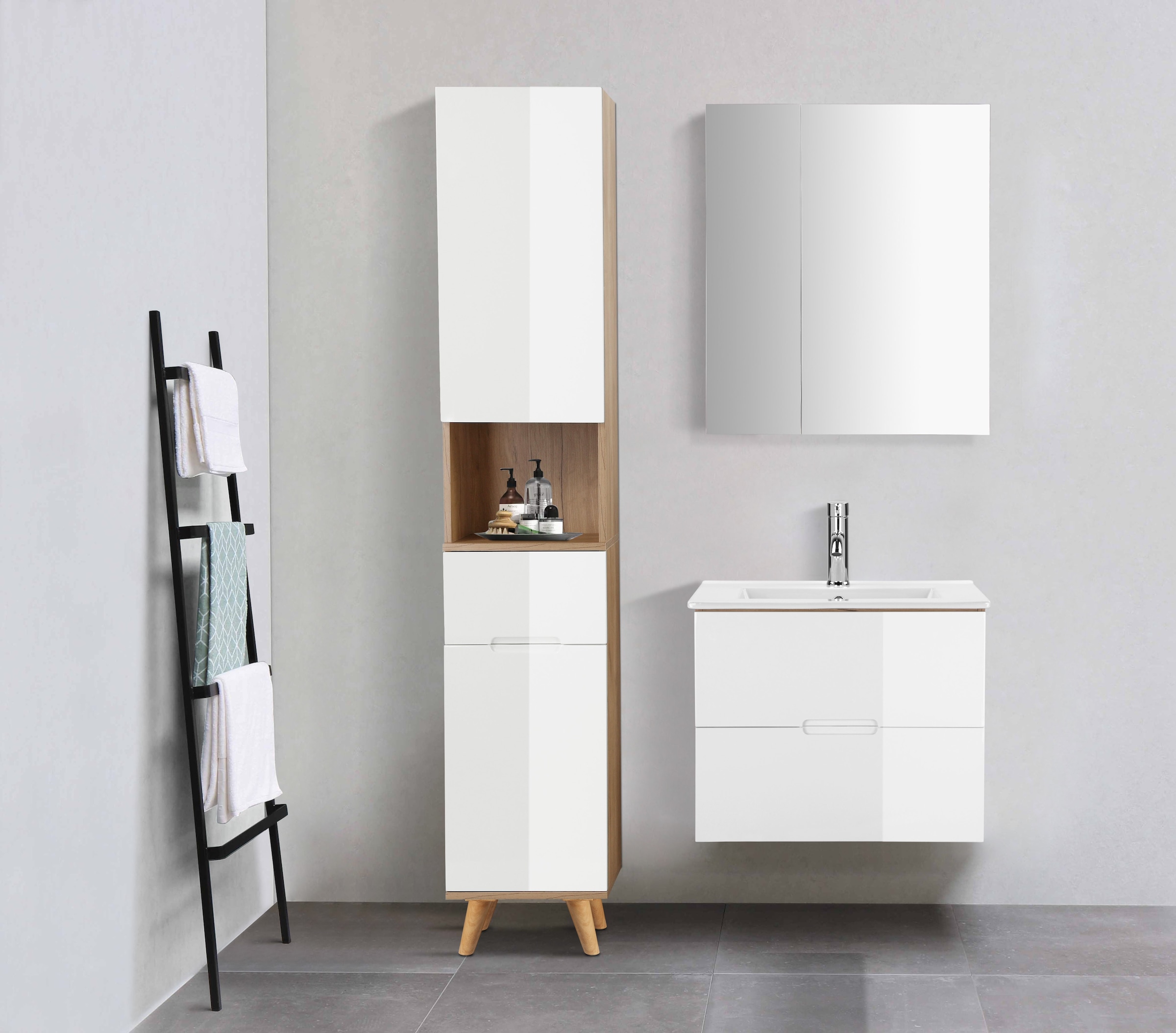 welltime Hochschrank »Lund Badschrank skandinavisches Design mit viel Stauraum«, Badmöbel, 2 Türen und 1 Schublade, Breite 35cm