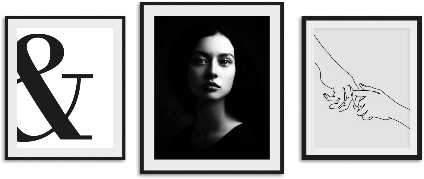 queence Bild »Hygge III« Bilder von Frauen | Fashion | Frau | Magazincover | Mode | Schriftzug | Schwarz-Weiß | Sprüche & Texte 3 Stk. tlg. gerahmt