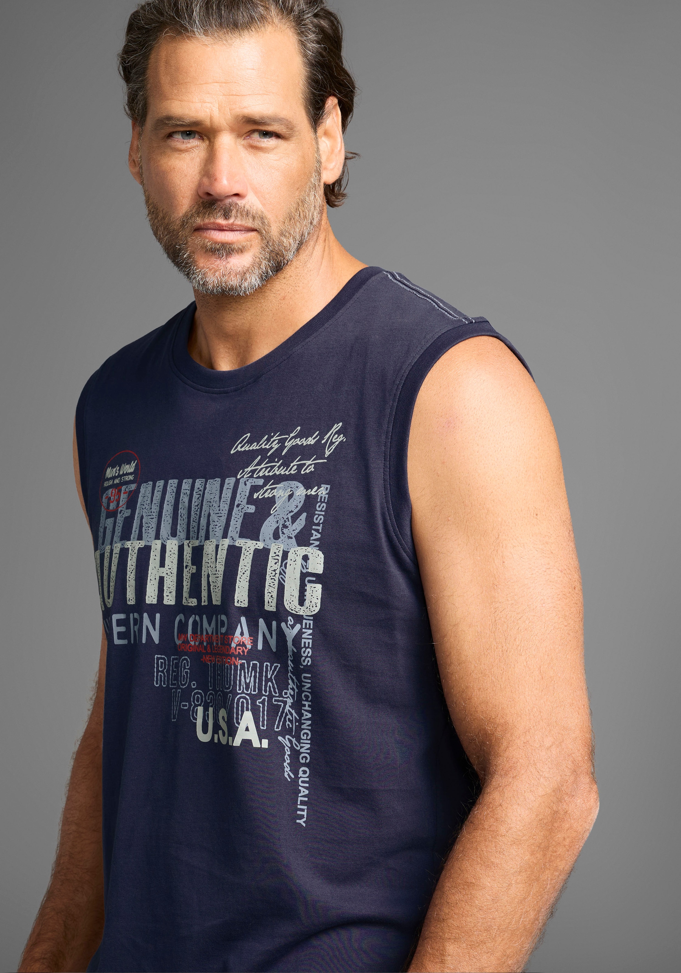 Man's World Muscleshirt ohne Ärmel,  bedruckt,  Rundhalsausschnitt,  aus Baumwolle