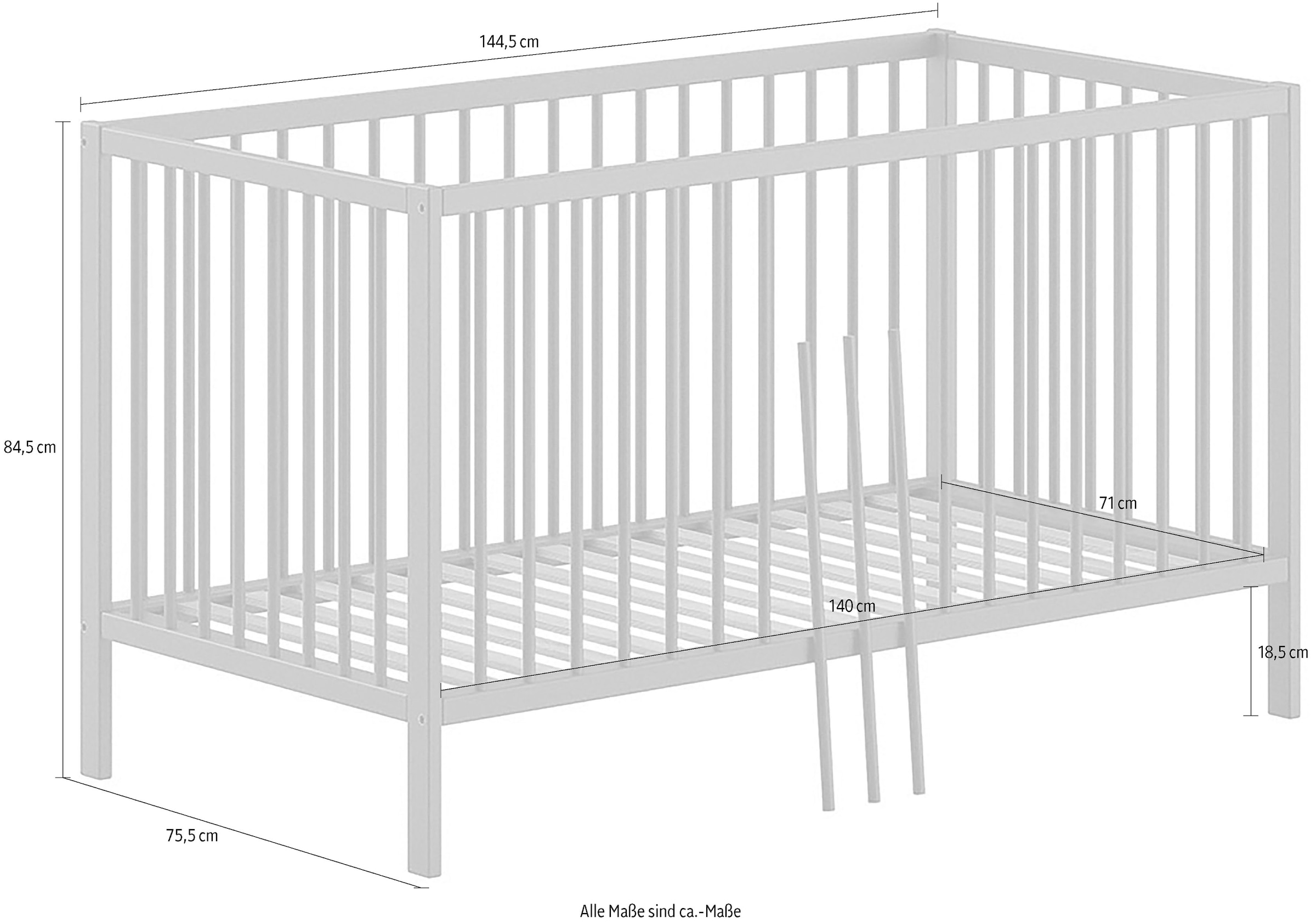 Vipack Babybett »Dino 70/140 mit 3-fach verstellb. Lattenrost, inkl. 3 Schlupfsprossen«, aus massiver Buche, umbaubar zum Juniorbett, wahlweise in 3 Farben