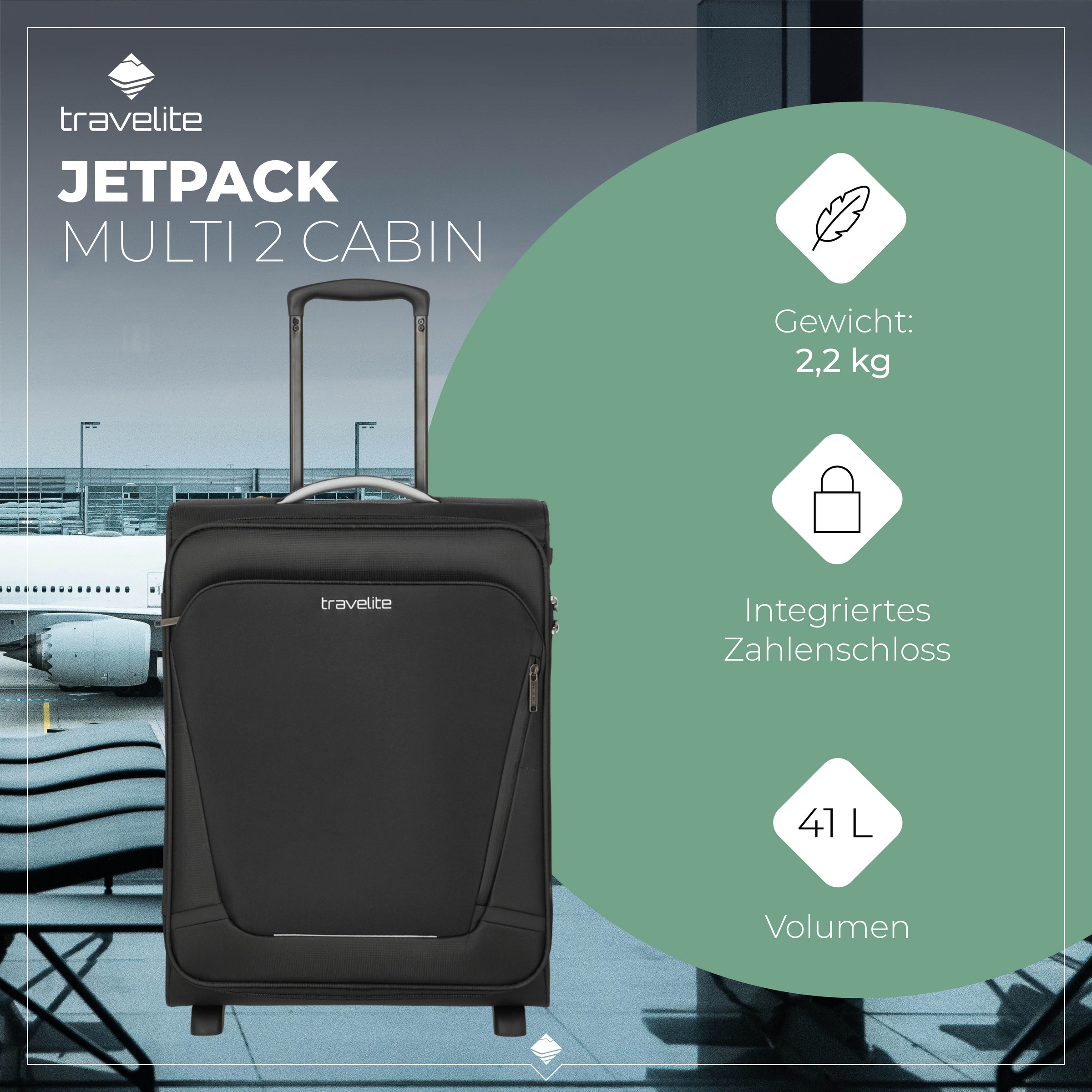 travelite Handgepäck-Trolley »JETPACK Multi 2 Cabin Handgepäck Koffer« 41 l 2 Rollen Weichgepäck, passend für Ryanair, Condor und viele gängige Airlines