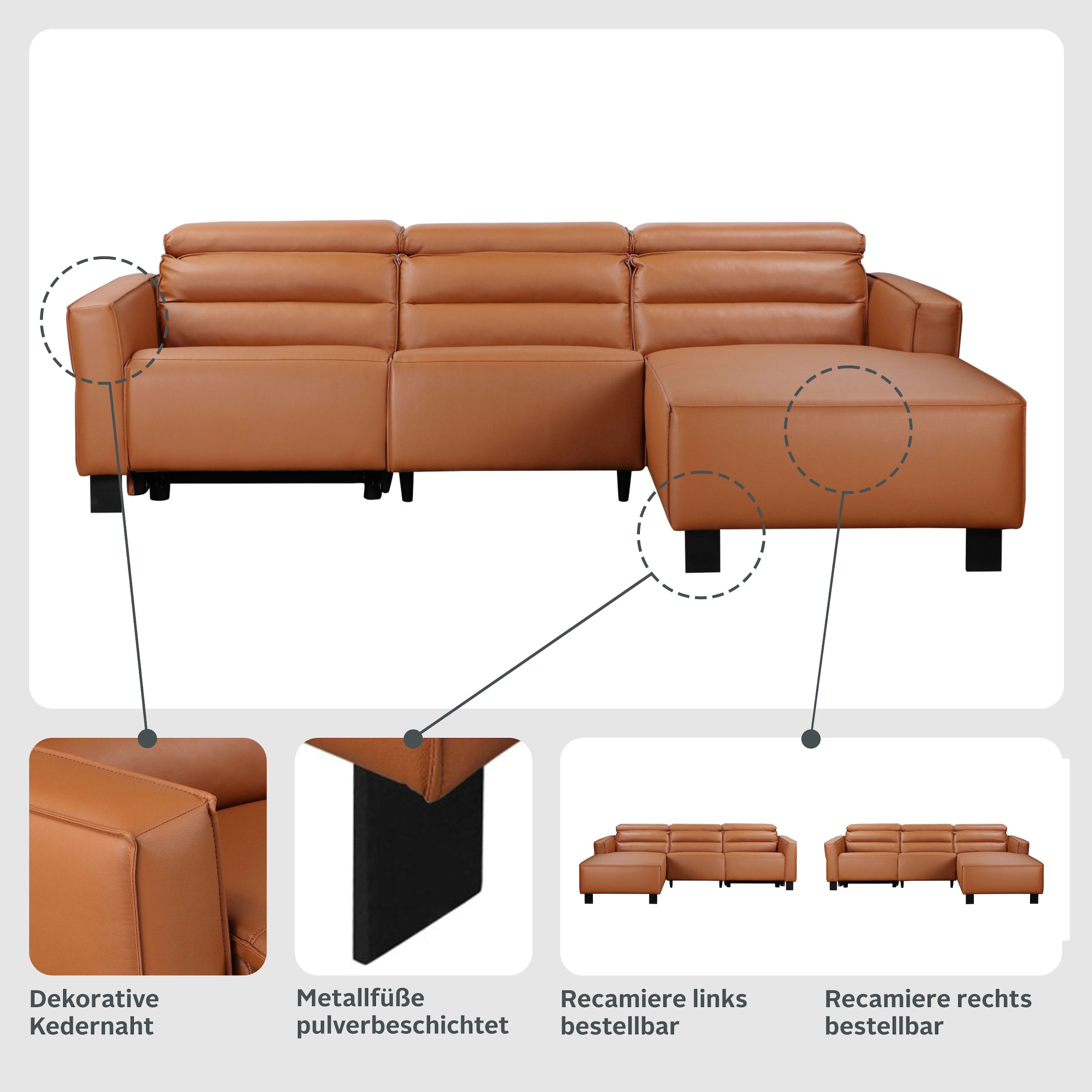 Places of Style Ecksofa »Carpari, L-Form, 263 cm, manuelle o. elektrische Relaxfunktion,«, USB A/C und Kopfteilverstellung