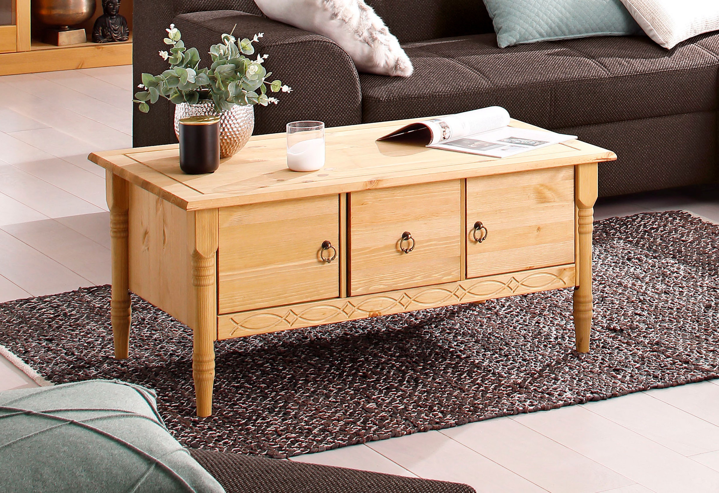 Home affaire Couchtisch »Indra«, aus massiver Kiefer, FSC®, mit Stauraum, dezentes Ornament
