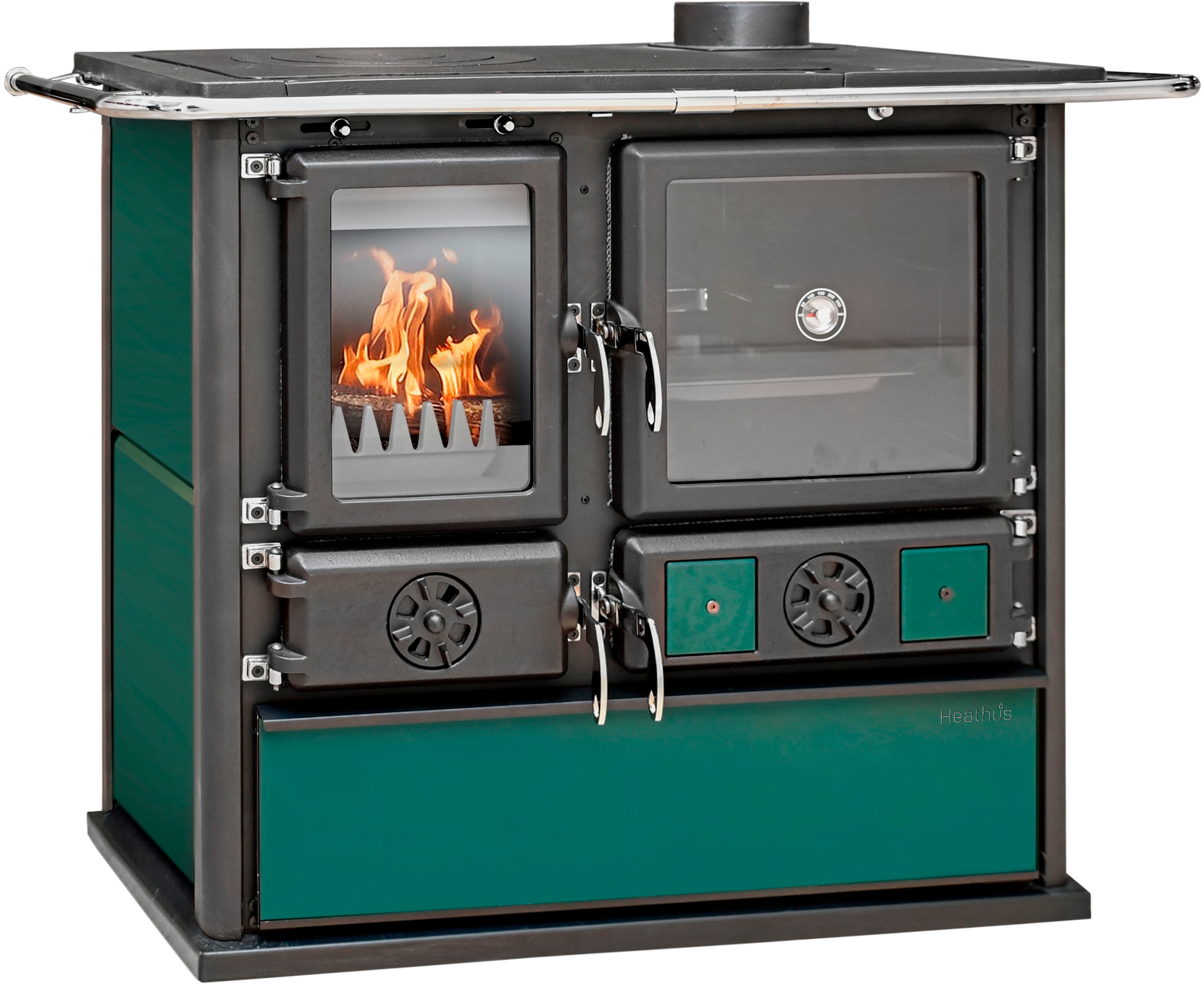 Festbrennstoffherd »Heathus Küchenofen »Cook Premium« Green Pepper« Ofenherd zum Heizen, Kochen & Backen, Schwarz, Kein zusätzlicher Feinstaubfilter 