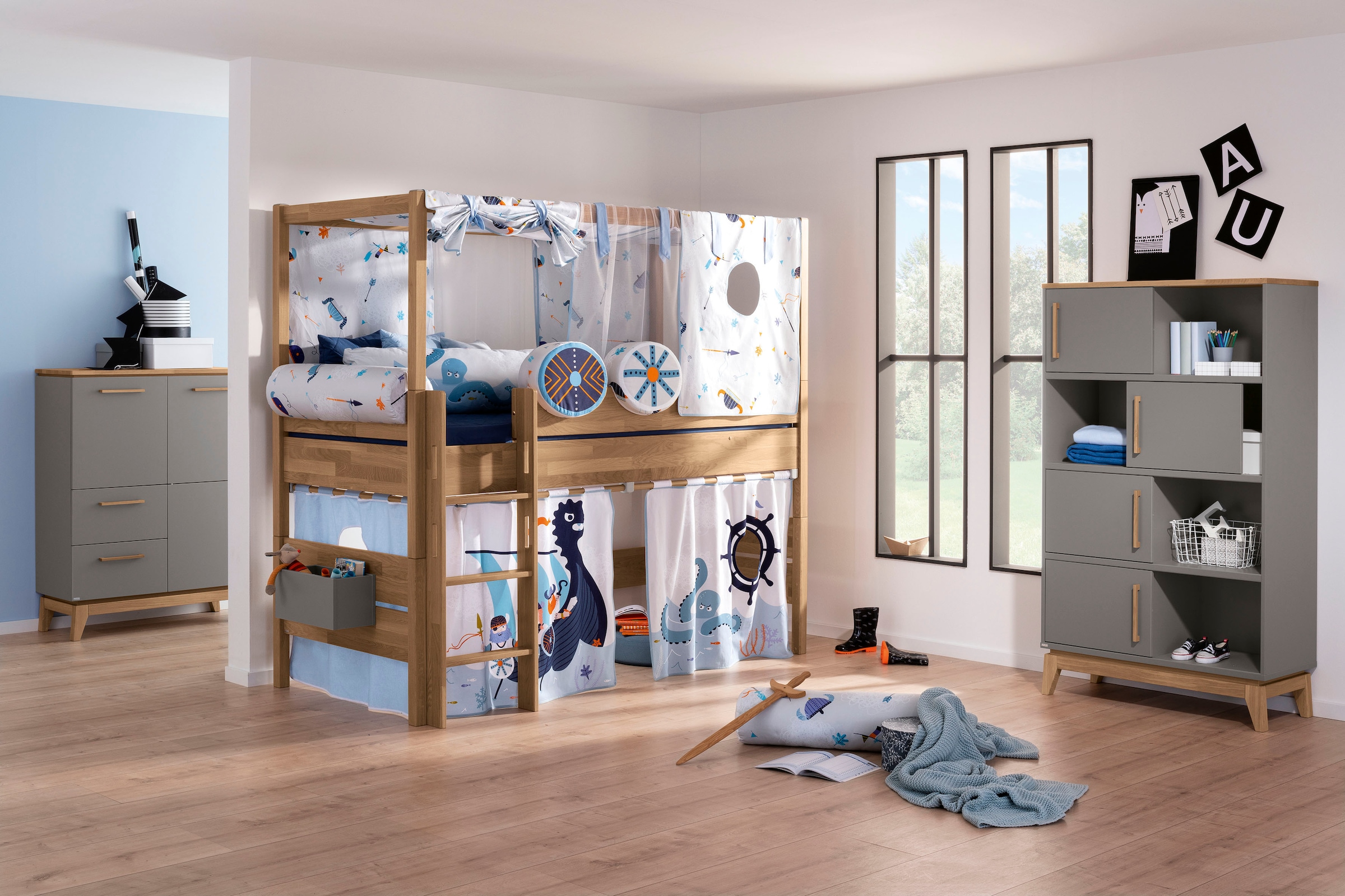 PAIDI Standregal »STIENE in Beige oder Grau, 8 Fächer, 4 Schiebetüren mit Soft-Close« B/H/T ca. 95/161/40cm,  modernes und langlebiges Regal mit Massivholz, Highboard