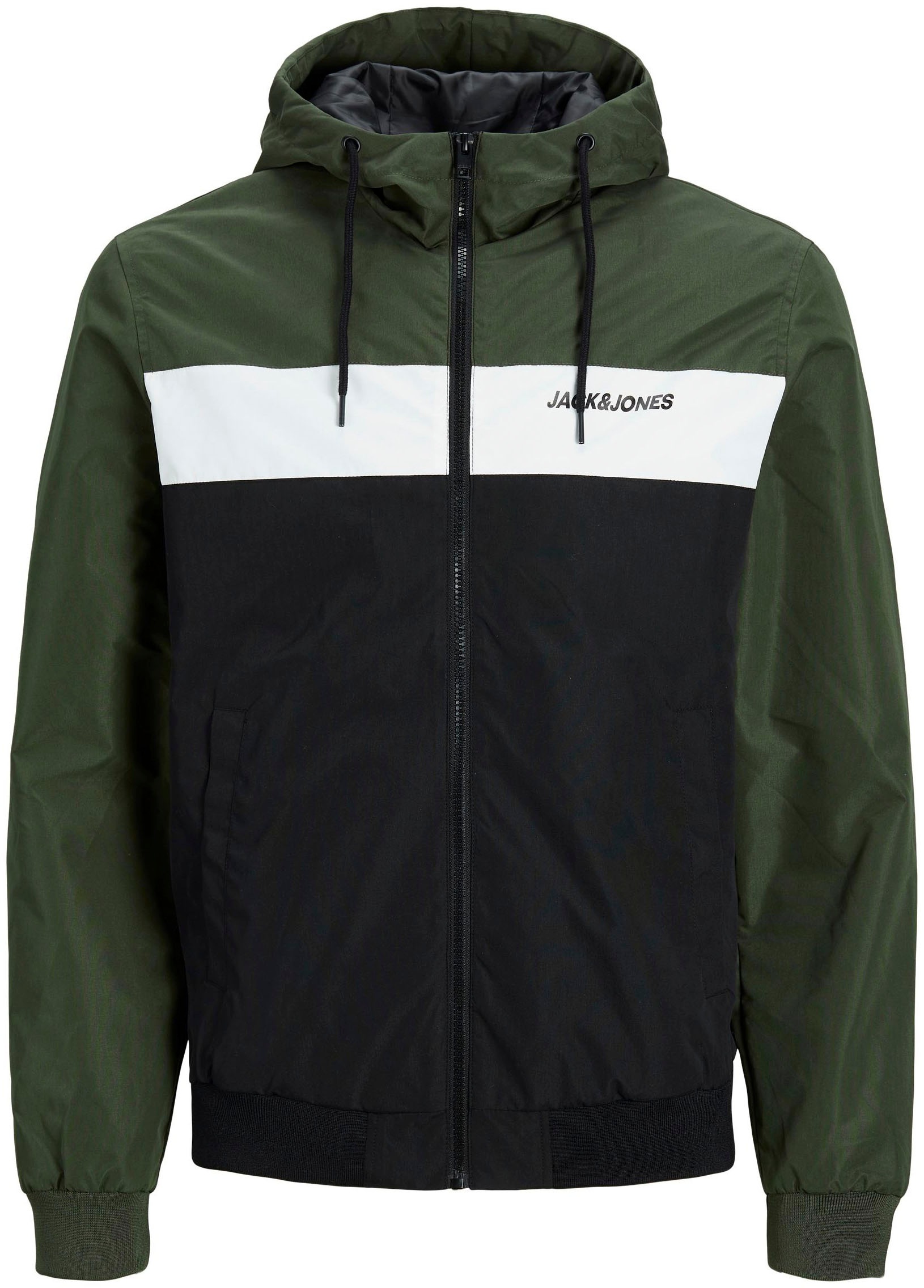 Jack & Jones Windbreaker »JJERUSH Leichte Jacke mit Windschutz,Futter und Kontrastdetails«, mit Kapuze, colorblocking, slim fit, Kapuze, Polyester