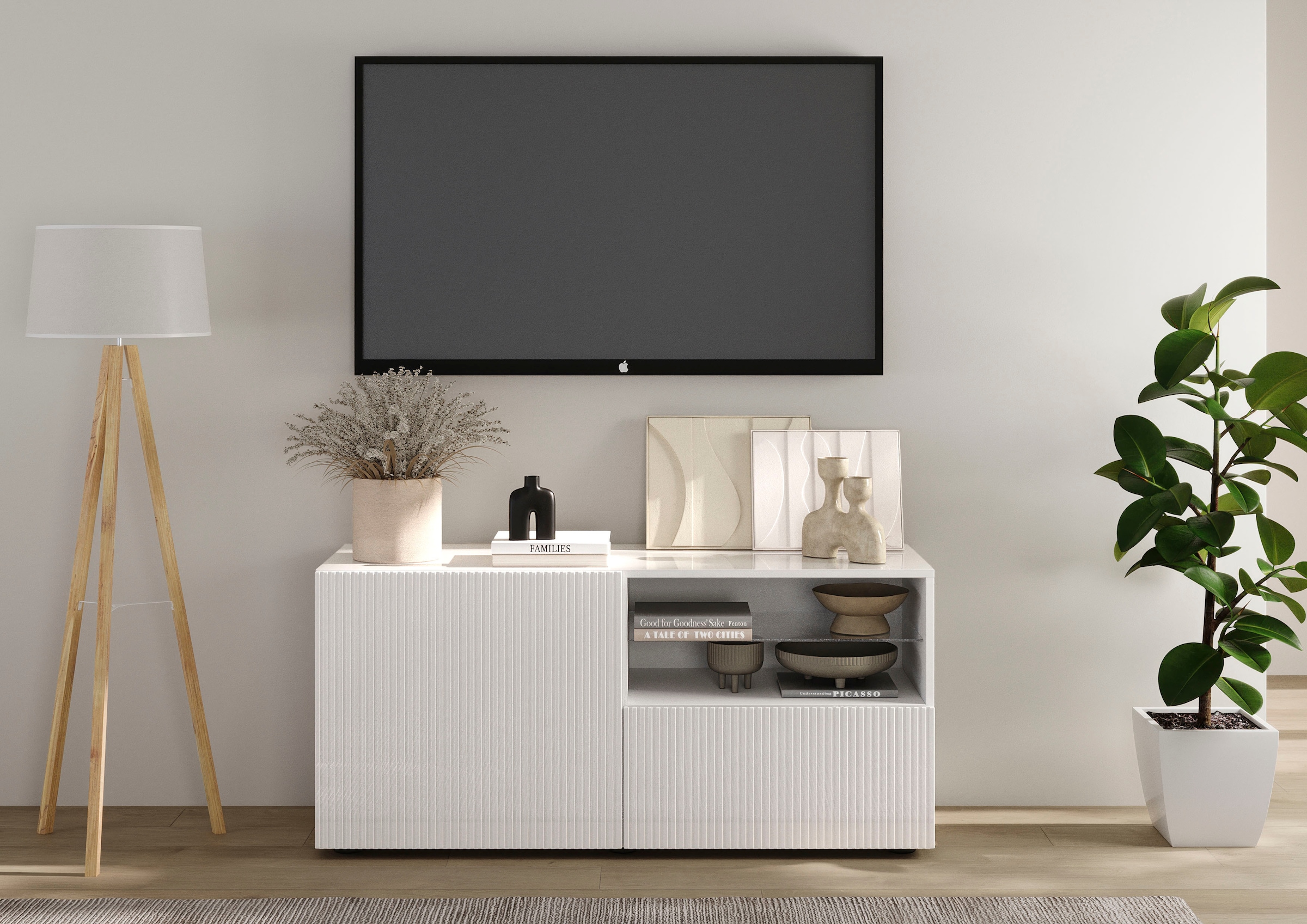 Home affaire Lowboard »Rio Breite 120 cm, TV-Board 1 Tür u. 1 Schubkasten, TV-Schrank« geriffelte MDF-Fronten, modern u. elegant, Kabelführung, platzsparend