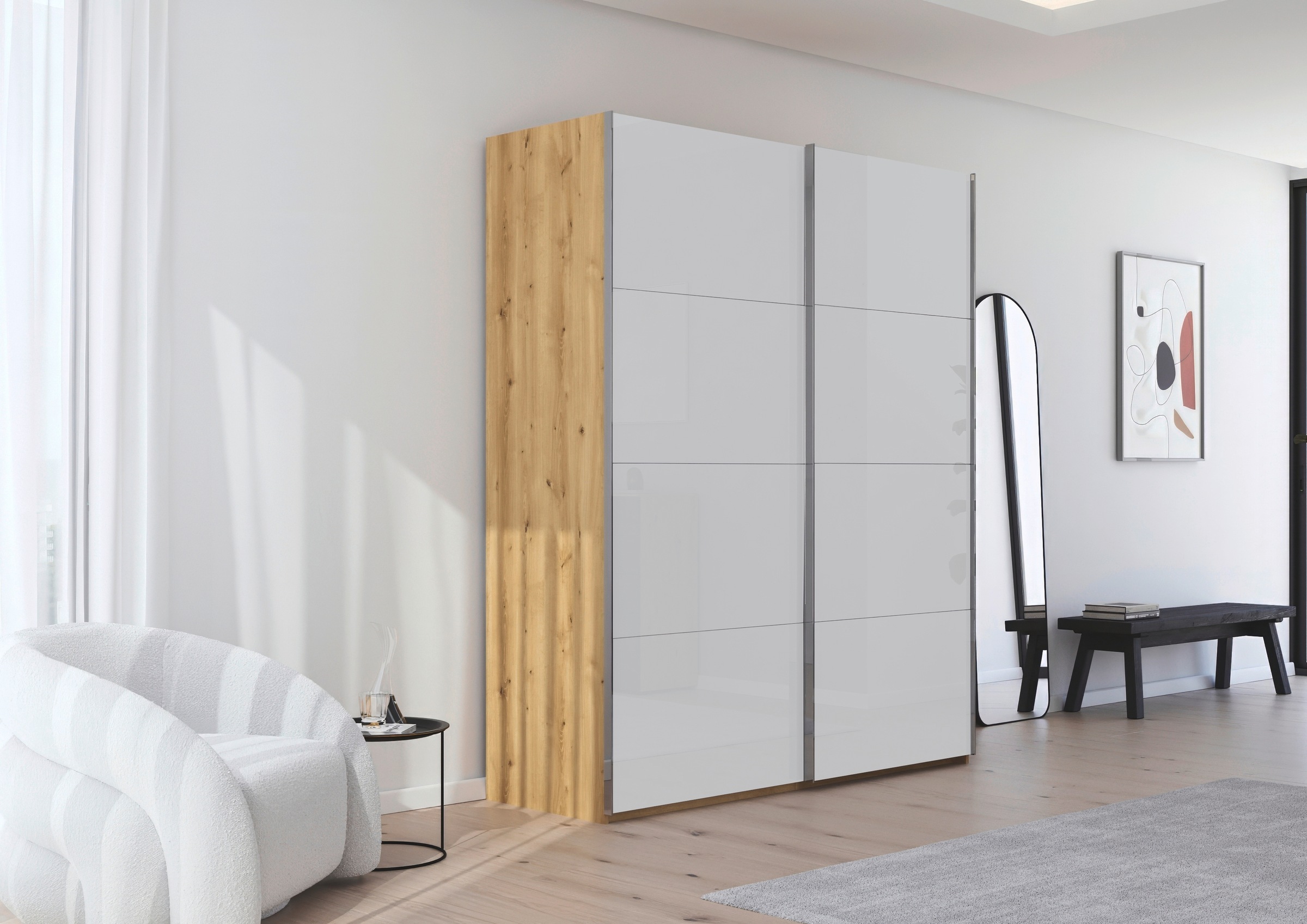 rauch Schwebetürenschrank »Kleiderschrank Schrank Garderobe Schlafzimmerschrank SCALE-FYRA«, edle viergeteilte Türen mit Glas-Front viele Farben MADE IN GERMANY