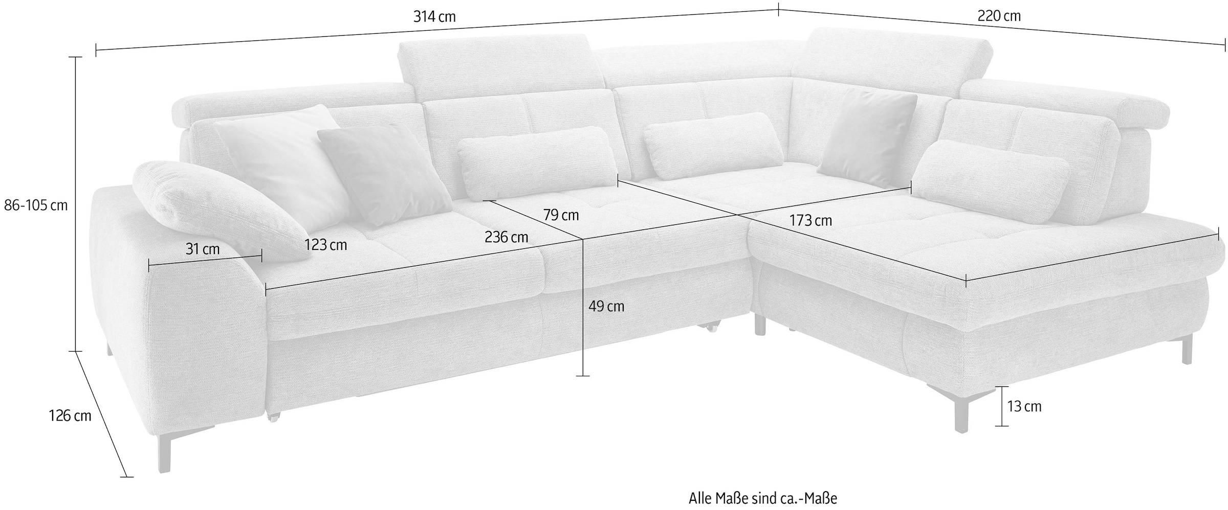 set one by Musterring Ecksofa »SO 3400 Sitzhöhe 47cm oder 49cm, Sitztiefe verstellbar, B/T 317/220 cm«, Kaltschaumpolsterung, Flachgewebe, whlw. mit Funktionen, Sitzhöhe 49