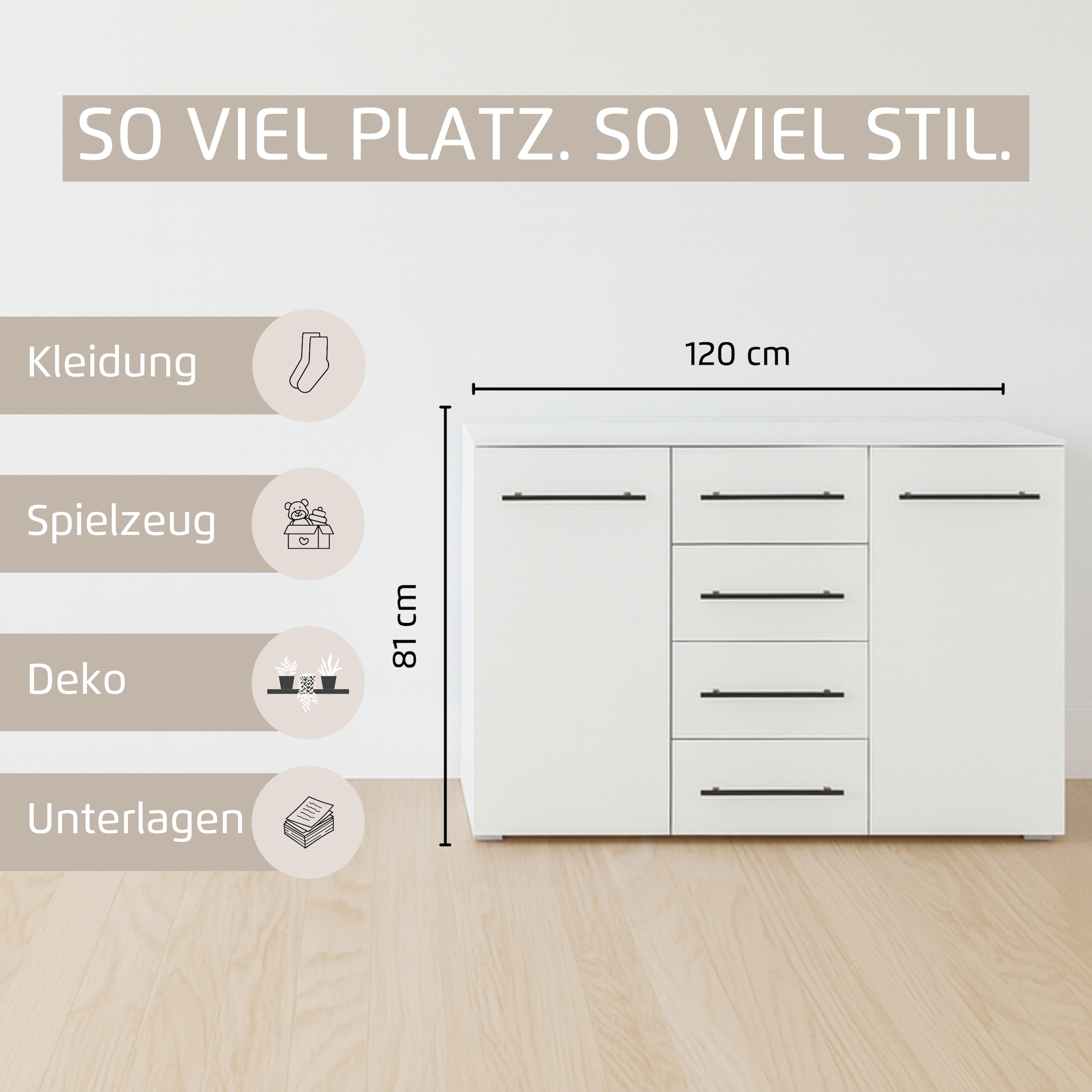 rauch Kombikommode »Sideboard Schubladenkommode AVOLA mit Dekorfront« Breite 120 cm inkl. Soft-Close-Funktion,  vier große Schubladen und 2 Türen, mit 4 Einlegeböden MADE IN GERMANY