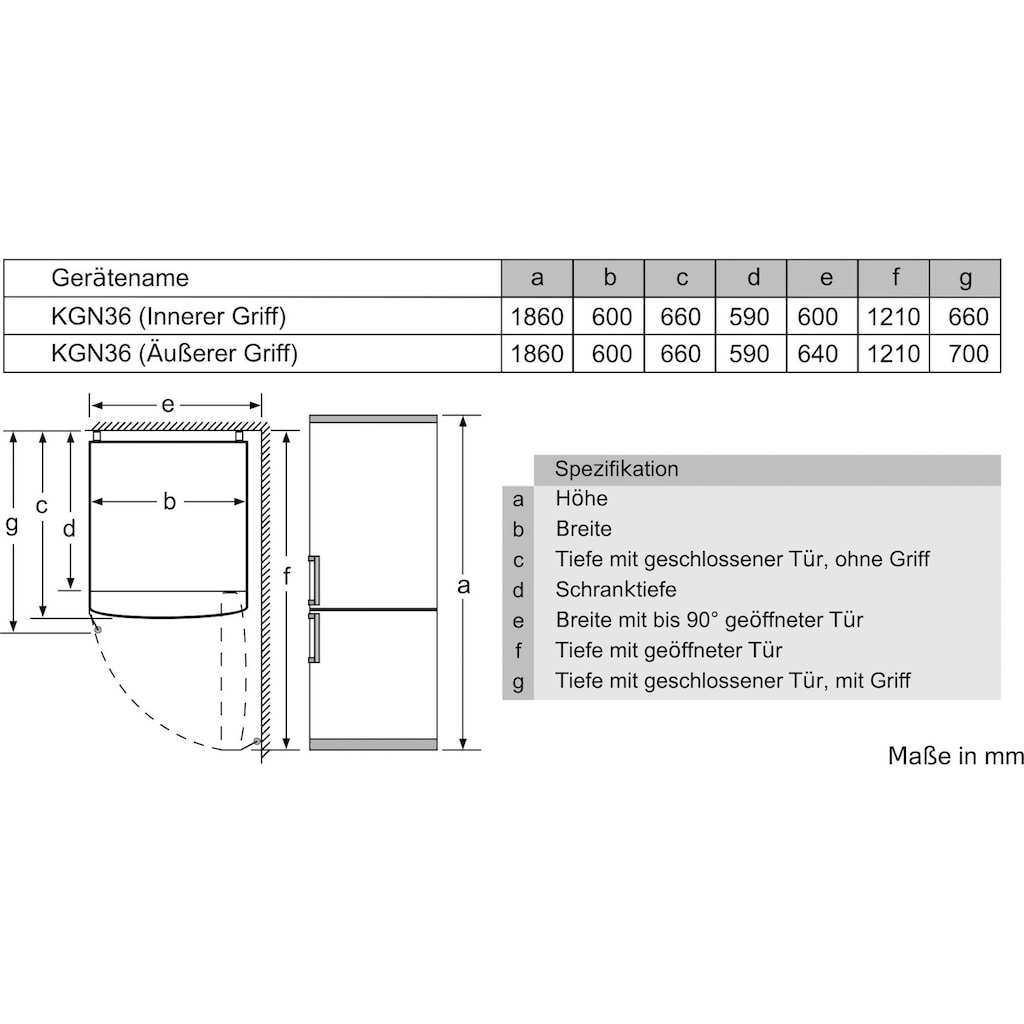 BOSCH Kühl-/Gefrierkombination »KGN36NLEA«, KGN36NLEA, 186 cm hoch, 60 cm breit