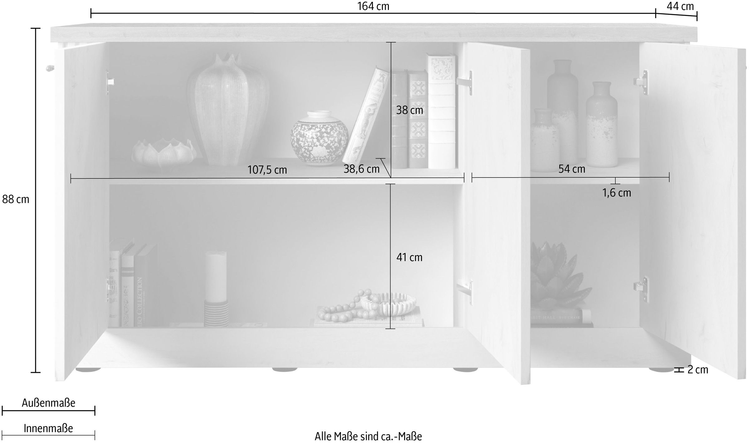 Home affaire Sideboard »Country Breite 164 cm, Kommode mit 3 Türen, Anrichte im«, Landhausstil, viel Stauraum, mit Metallgriffe, MDF Rahmen