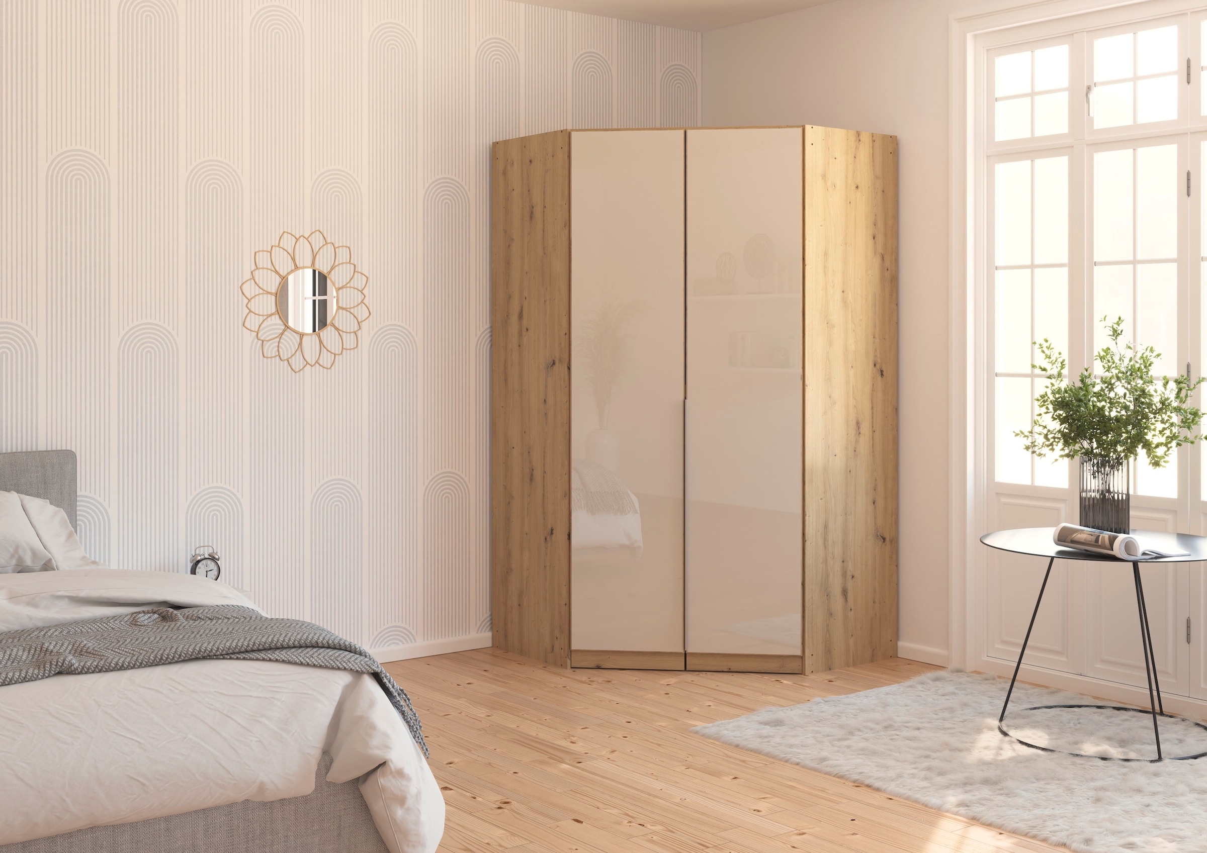 rauch Eckkleiderschrank »Kleiderschrank Schrank Ankleidezimmer Schlafzimmer Garderobe AGORDO«, (in zwei Griff-Farben), mit Glastüren, voll ausgestattet mit viel Stauraum MADE IN GERMANY