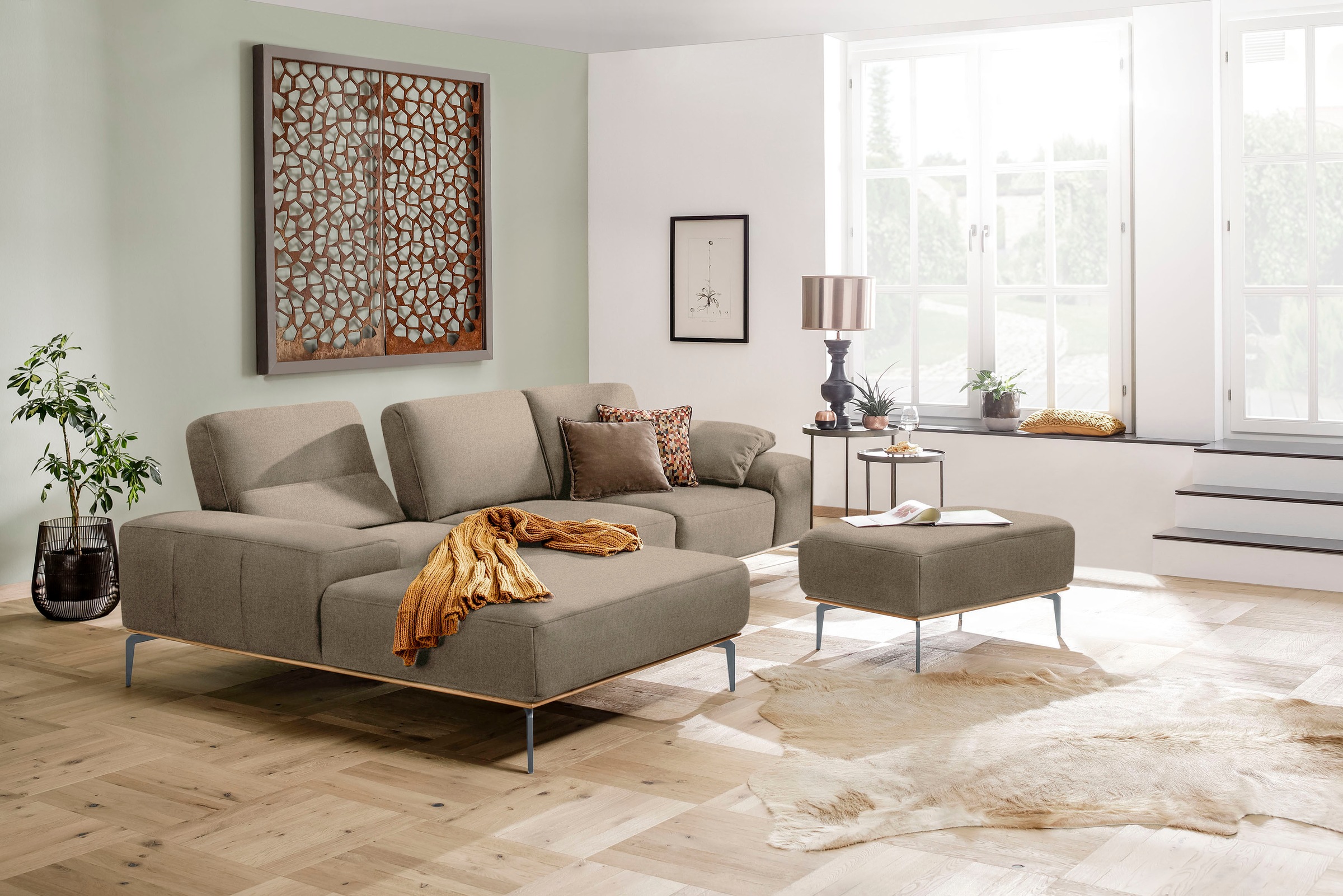 W.SCHILLIG Polsterhocker »run« mit elegantem Holzsockel, Füße in Silber matt, Breite 75 cm