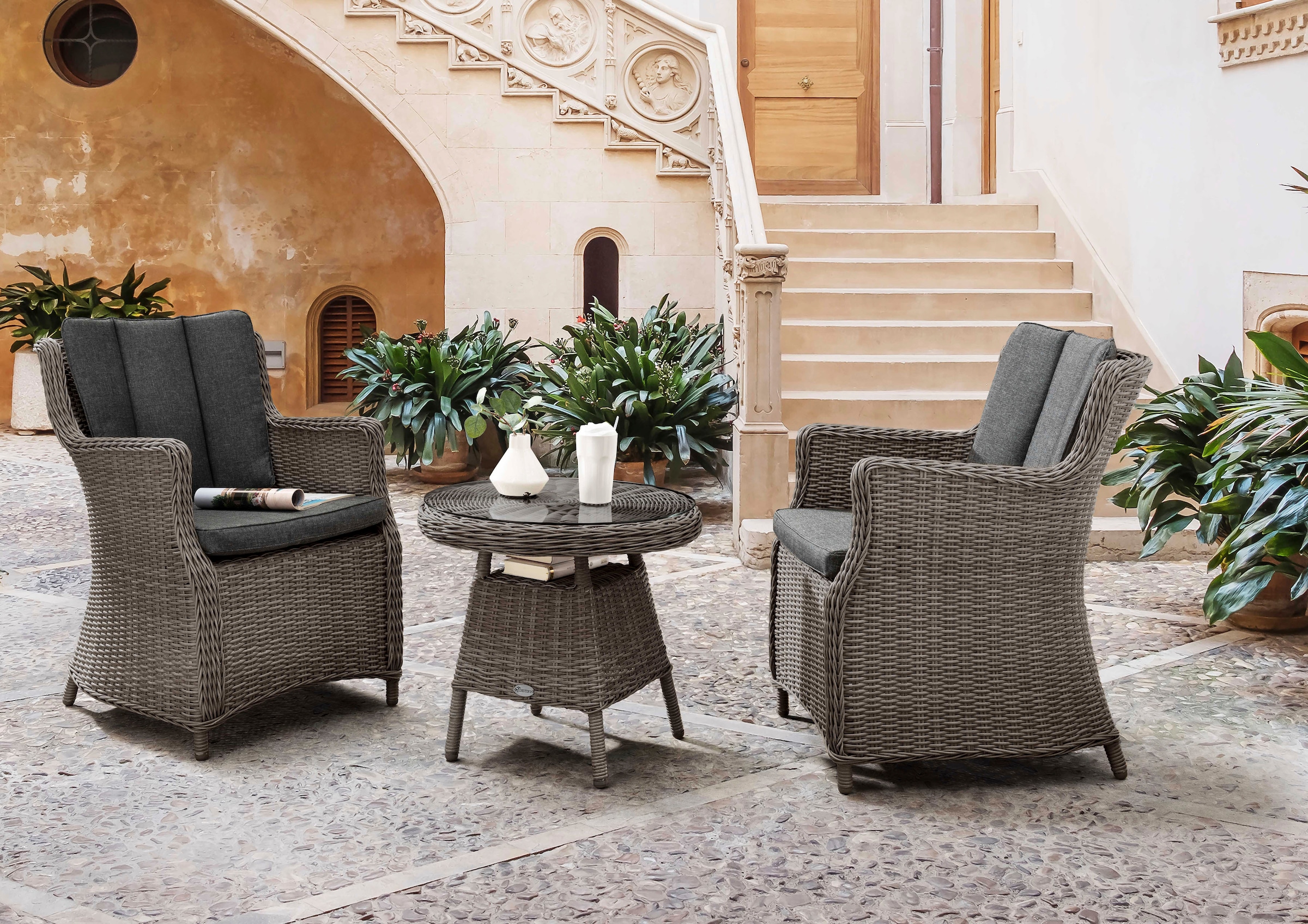 Destiny Balkonset "LUNA MALAGA" 2x Sessel, 1x Beistelltisch, inkl. Auflagen, 7 Stk. tlg. Aluminium, Polyrattan