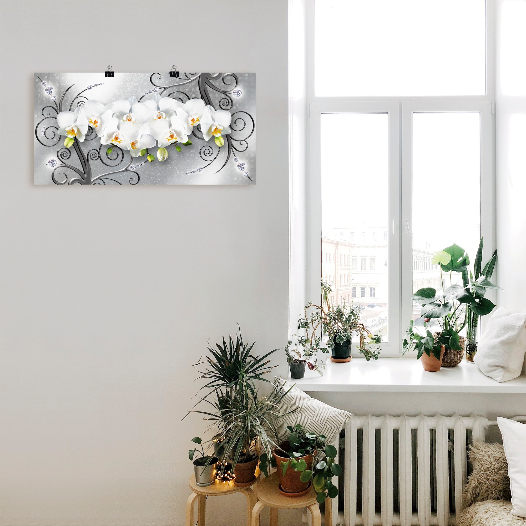 Artland Wandbild »weiße Orchideen auf Ornamenten« Blumenbilder 1 Stk. tlg. als Alubild, Outdoorbild, Leinwandbild, Poster, Wandaufkleber