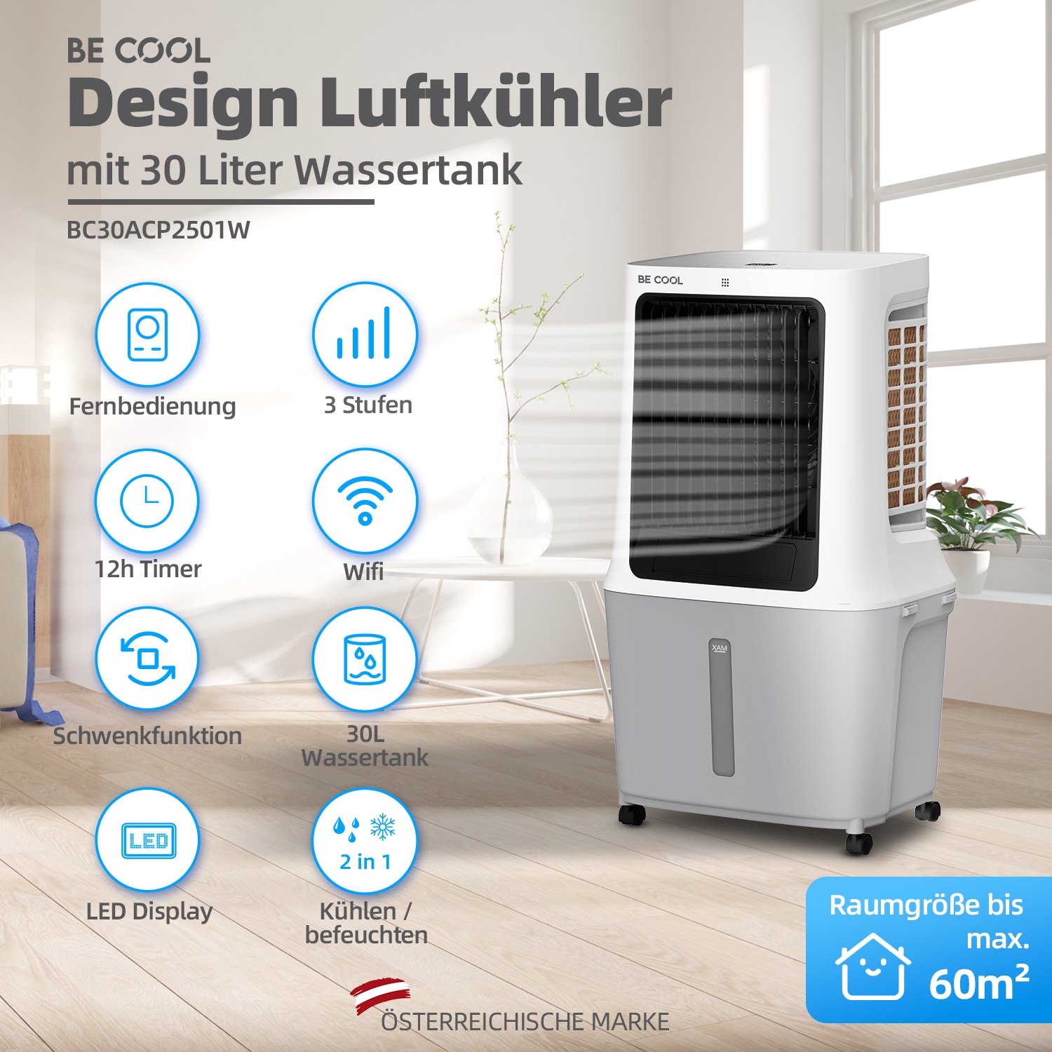 be cool Ventilatorkombigerät »Premium Luftkühler 40l mit Wifi und abnehmb. 30l Tank«, abnehmbarer Wassertank, Spezial Vortex Rotor, WiFi