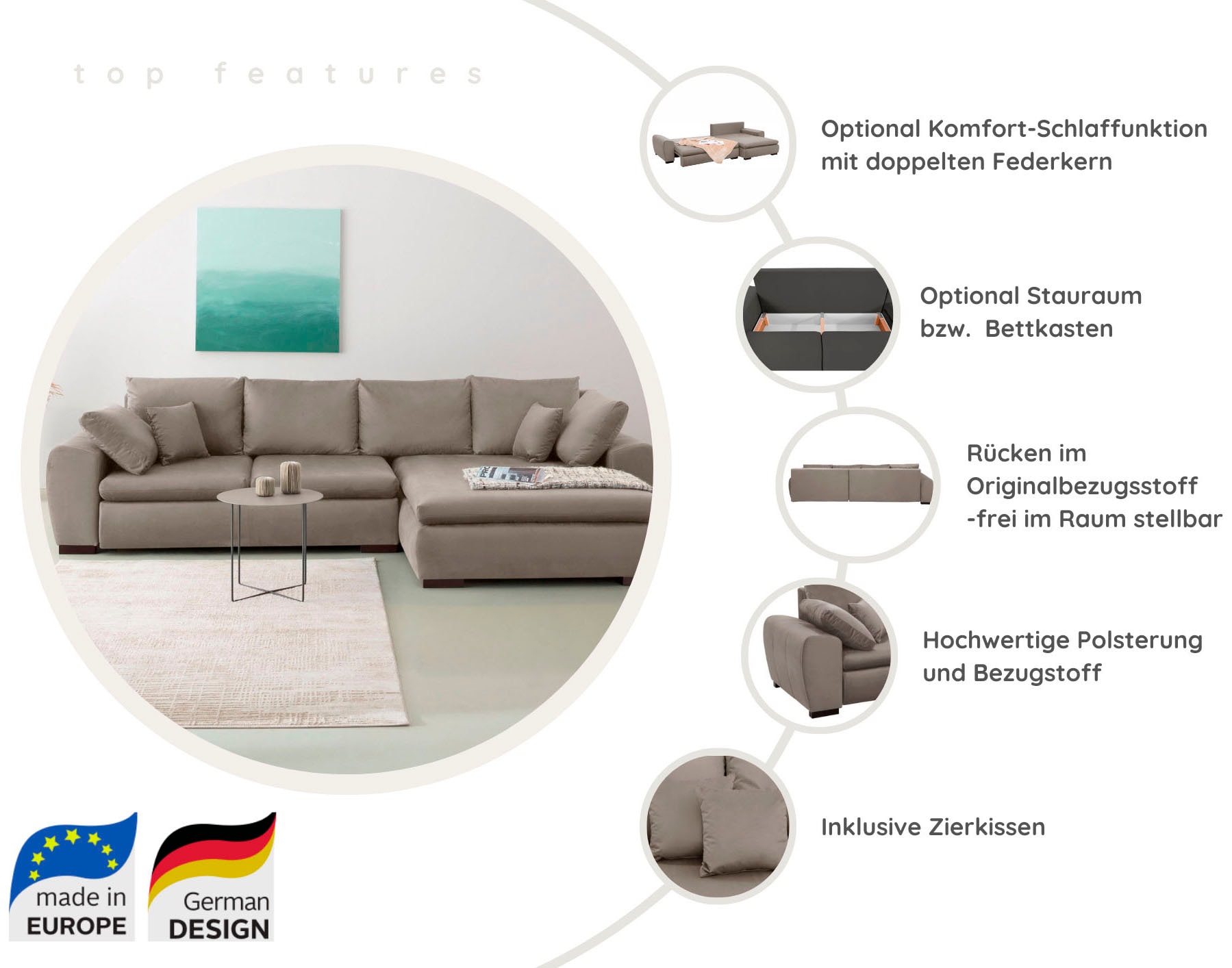 Home affaire Ecksofa »Cara Mia L-Form, B: 325 cm, XXL-Sofa mit 4 Zierkissen« optional Schlaffunktion & Bettkasten, Liegefl. 145x270 cm