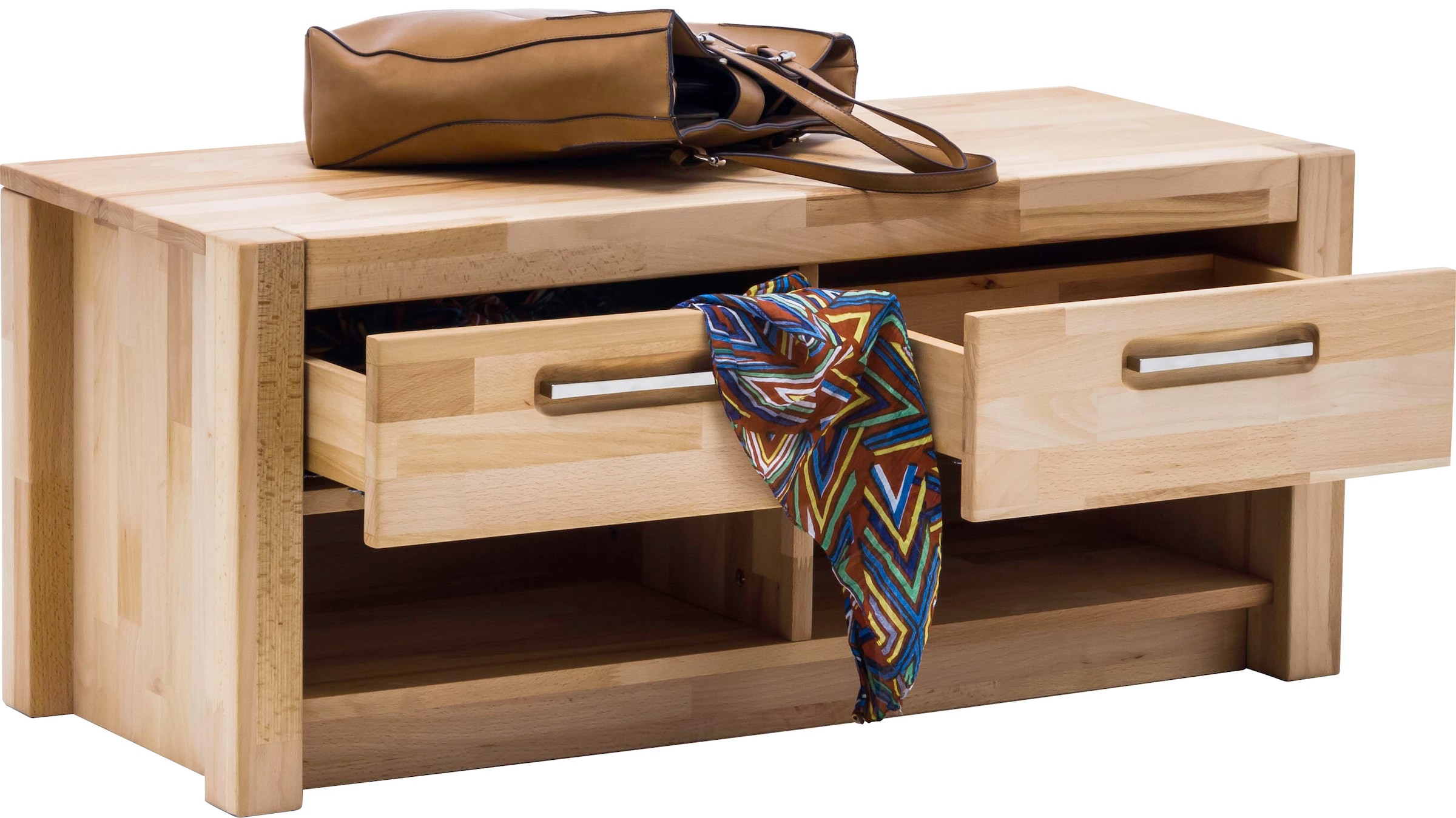 MCA living Garderobenschrank »Fenja Garderobenbank, Flurbank, Bank, Ablagebank - Breite 100 cm«, (1 St.), Massivholz, Kernbuche,2 offene Fächer, 2 Schubkästen, Made in Europe