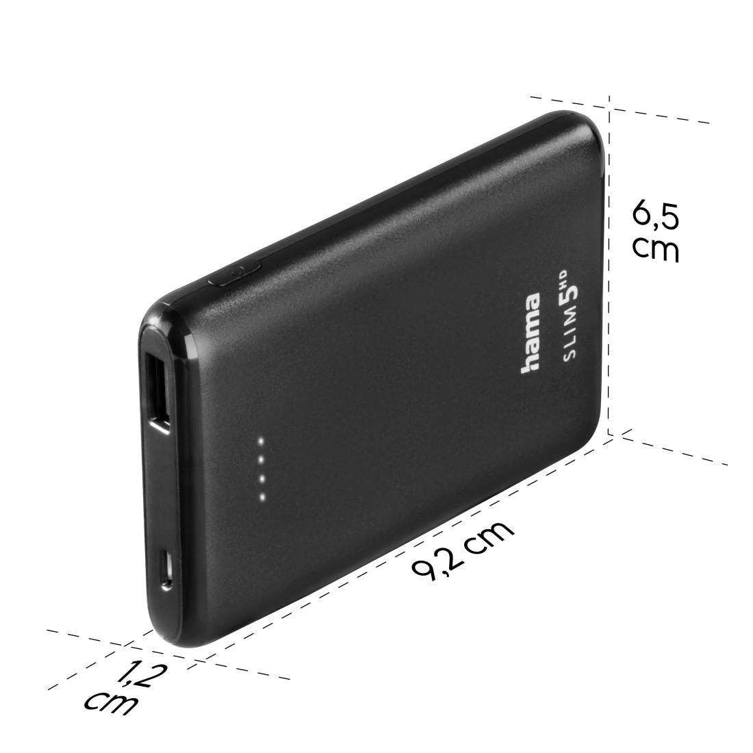 Hama Powerbank »Power Pack, Ausgang 1x USB-A, Eingang 1x Micro-USB, klein und leicht«, Power Pack "SLIM 5HD" 5000mAh, Ausgang USB A, 5000 mAh, 3,7 V