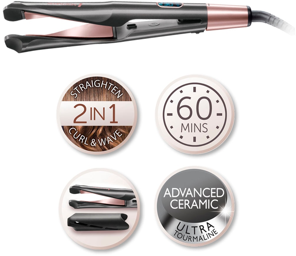 Remington Glätteisen »S6606 Curl & Straight Confidence Haarglätter«, Keramik-Turmalin-Beschichtung, Professionelles 2-in-1 Styling: Glätteisen, Locken&Wellen; LCD display