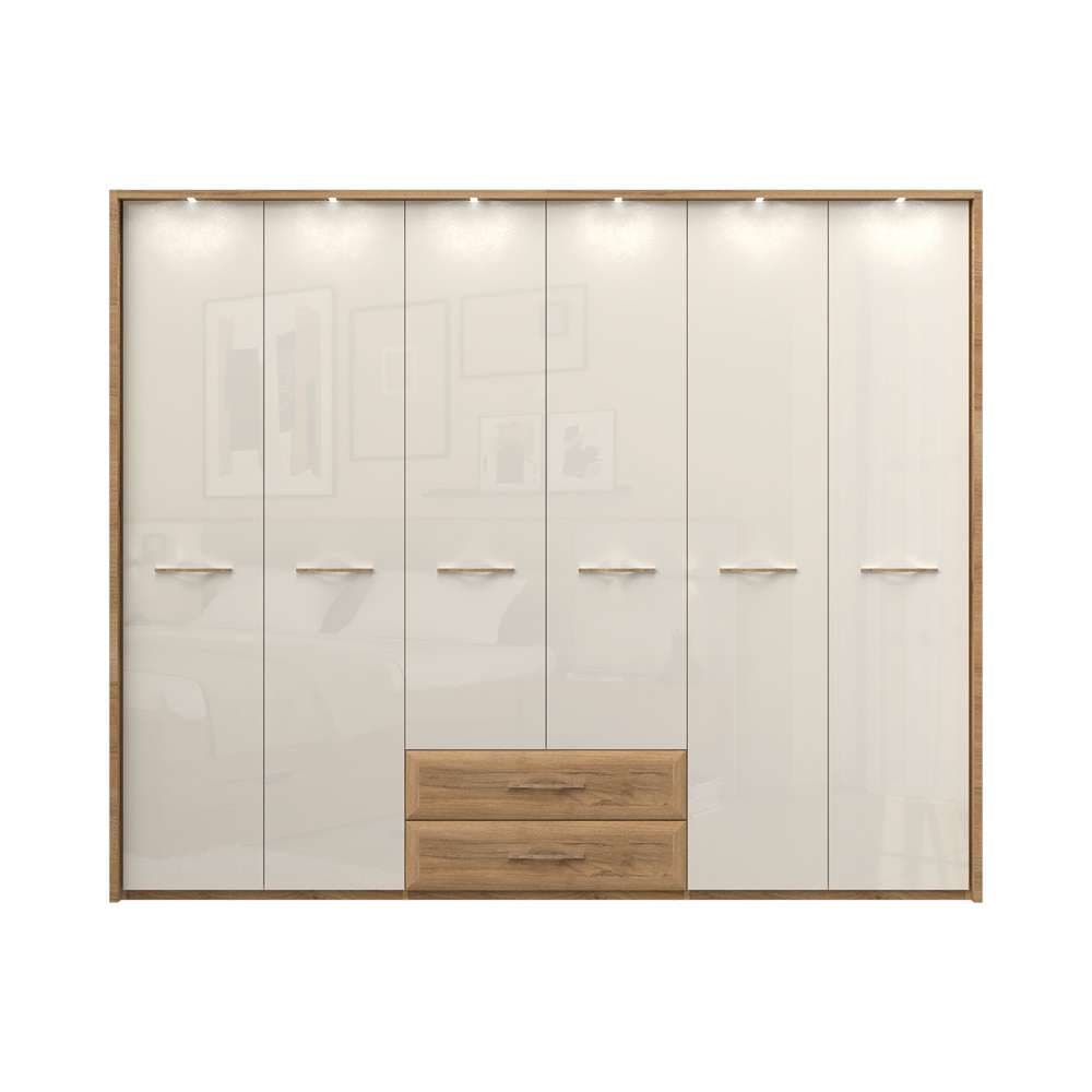 Home affaire Kleiderschrank »Gala, beige hochglänzend UV lackiert, kratzfest, FSC-zertifiziert«, (abgerundete Schubladen aus MDF im Holzdekor, soft-close), mit Beleuchtung und Passpartourahmen, hoher Schrank (224cm), 4 Breiten