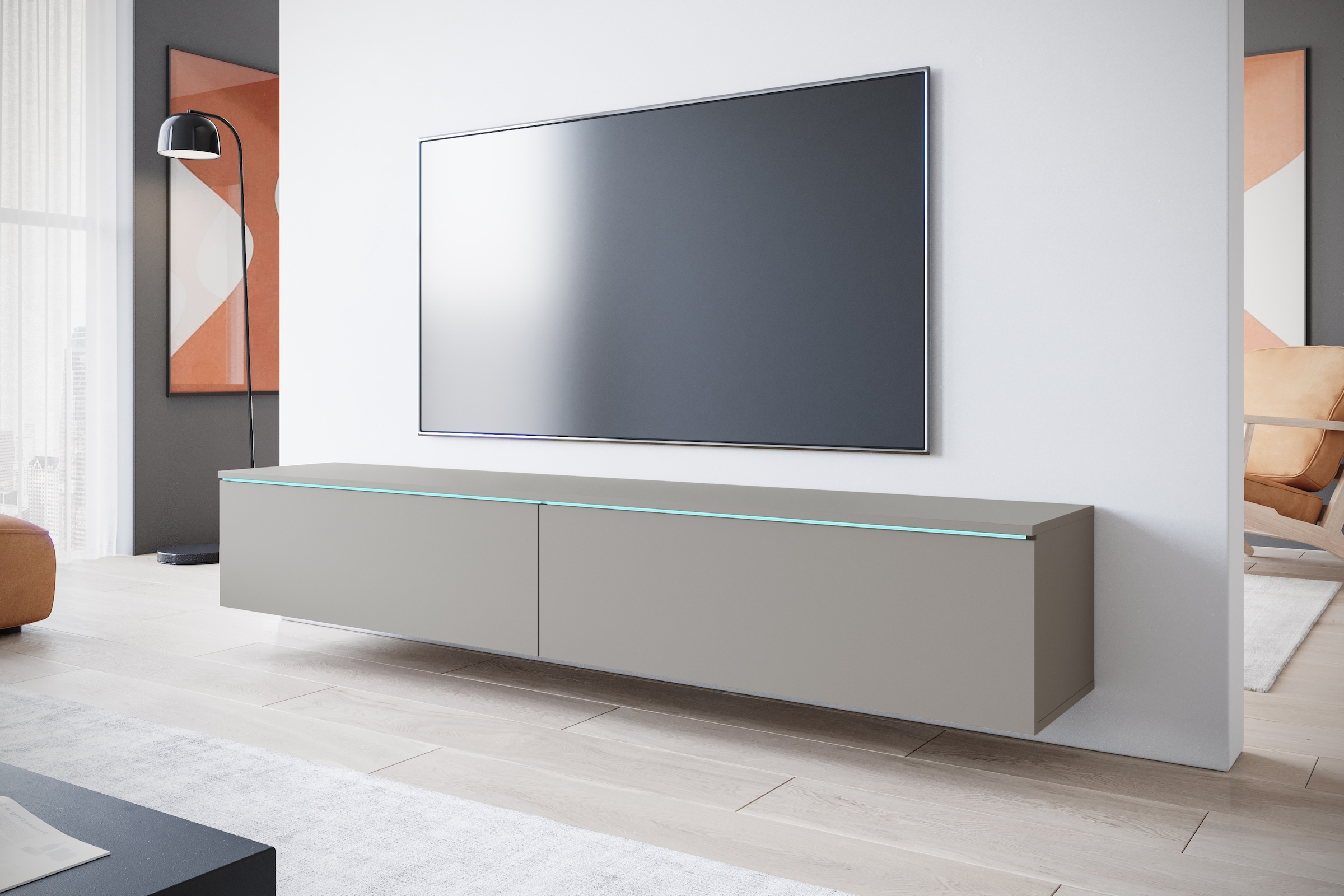INOSIGN Lowboard »LOWBOARD VERA, wahlweise mit oder ohne Beleuchtung«, Modernes griffloses TV-Board, 180 cm TV-Schrank, stehend und hängend