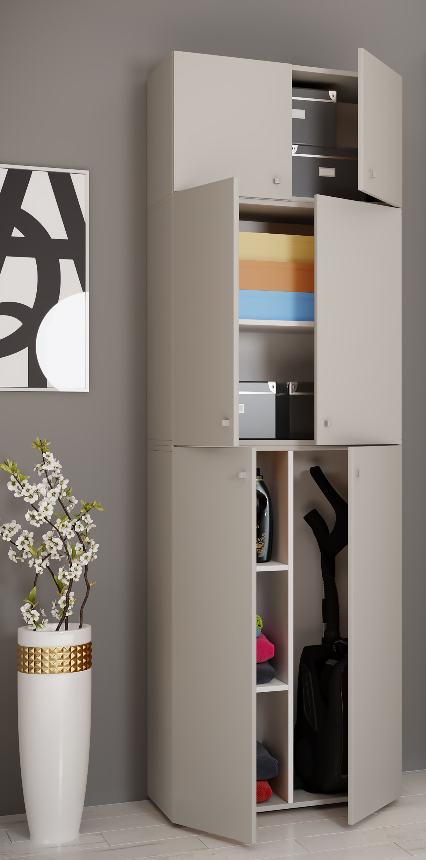VCM Mehrzweckschrank »VCM Holz Besenschrank | 6 Fächer | Maße: H. 223 x B. 70 x T. 39 cm | Haushaltsschrank | Mehrzweckschrank | Aufsatz mit zwei Türen - Lona«, (1 St.)