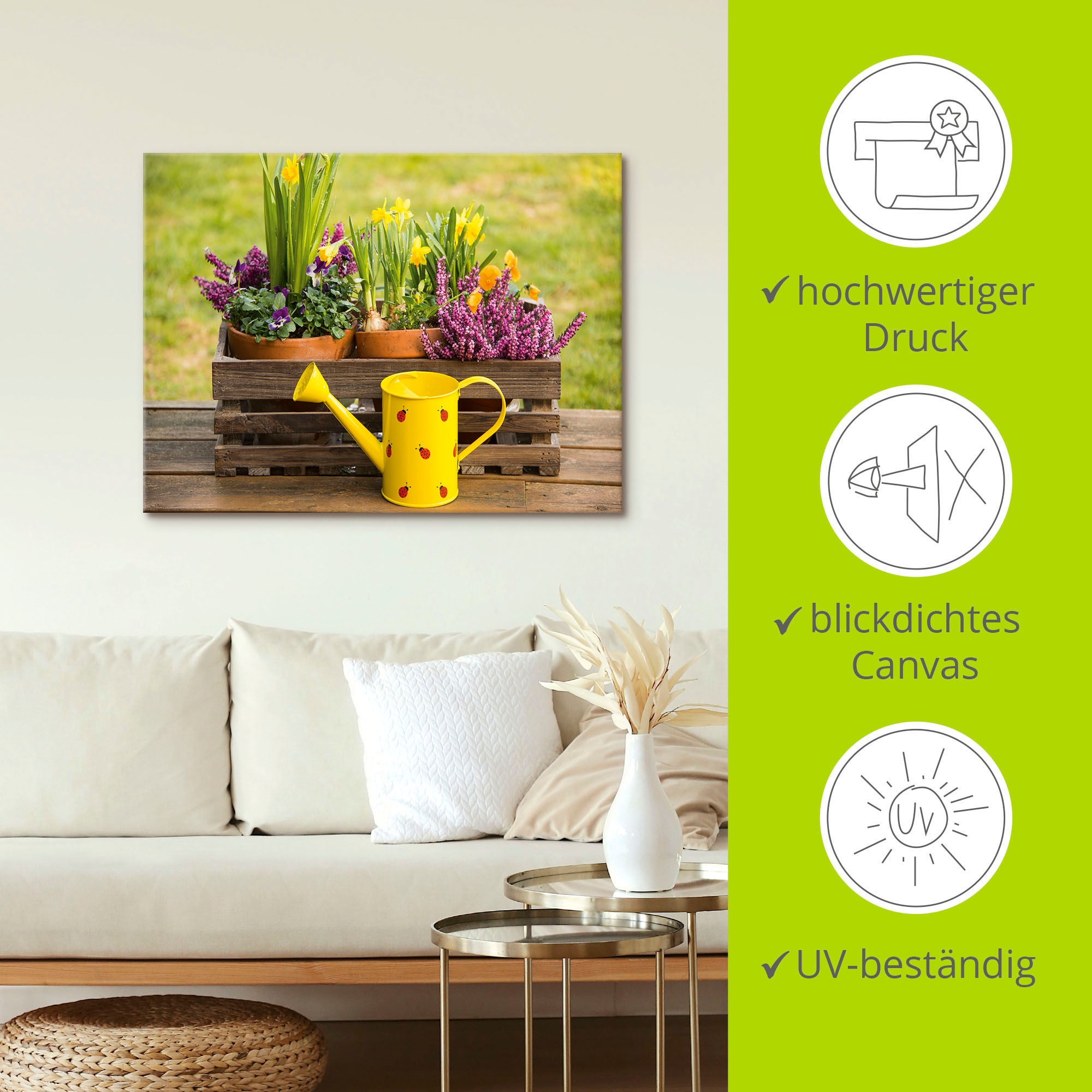 Artland Wandbild »Holzkiste Heidekraut Narzissen Gießkanne«, Vasen & Töpfe, (1 St.), als Alubild, Outdoorbild, Leinwandbild in verschied. Größen