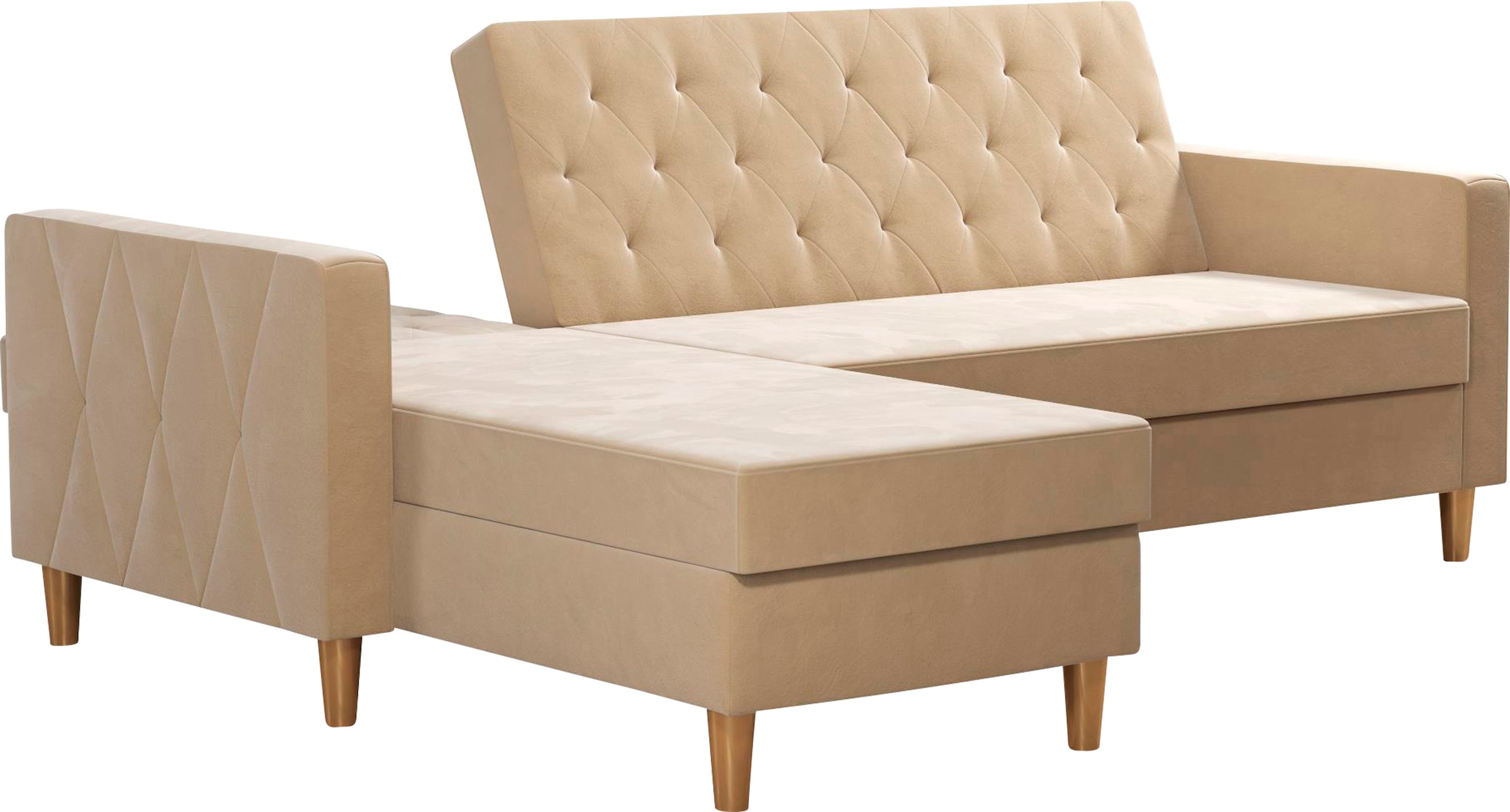 Cosmo Living Ecksofa »Liberty«, mit Schlafffunktion, Recamiere mit Stauraum beidseitig montierbar