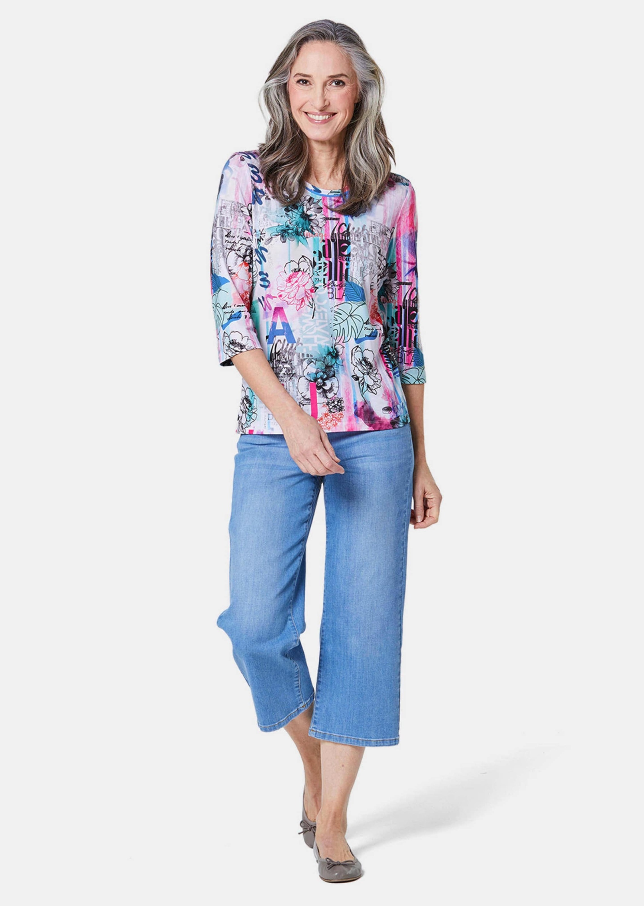 GOLDNER Print-Shirt »Kurzgröße Druckshirt mit Allover-Muster« Kontrastpaspel am Ausschnitt