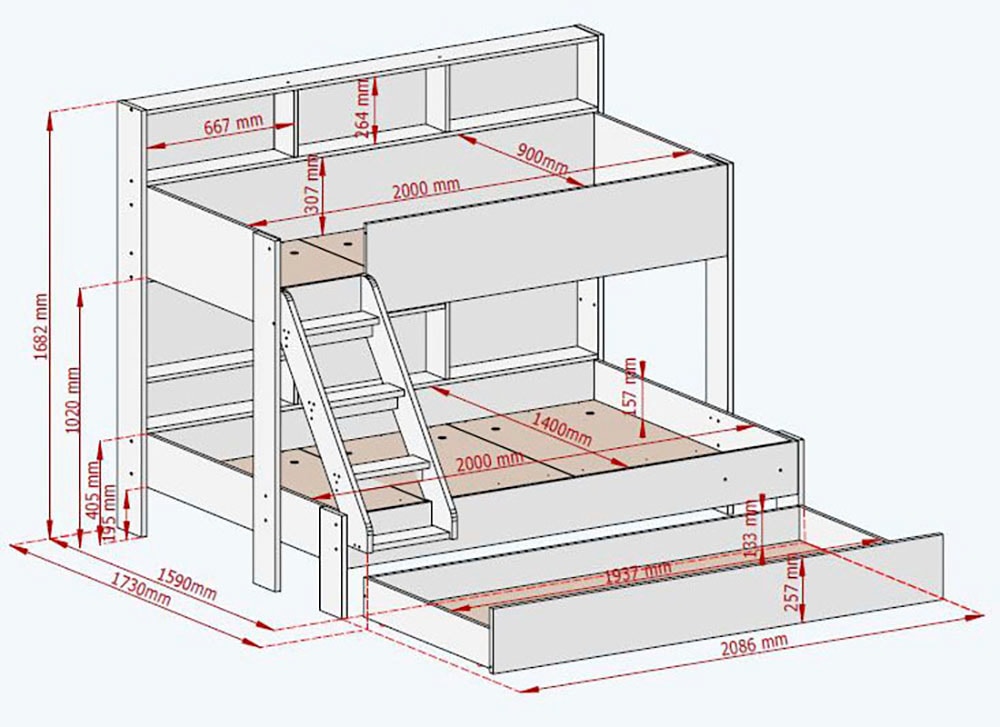 Relita Etagenbett »viel Stauraum, pflegeleichte Melamin Oberfläche, 3 Farben zur Wahl« viele Regalfächer an der Bettrückseite, inkl. Schublade auf Rollen,  viel Stauraum, pflegeleichte Melamin Oberfläche, 3 Farben zur Wahl