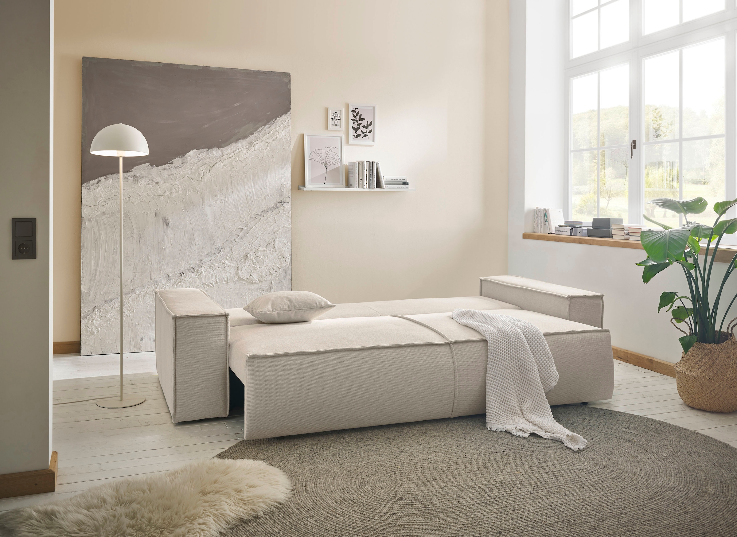 andas 3-Sitzer »FINNLEY Schlafsofa 257 cm, Schlaffunktion mit Bettkasten (200/136cm)«, in Aqua Clean-Bouclé, Struktur fein u. Cord
