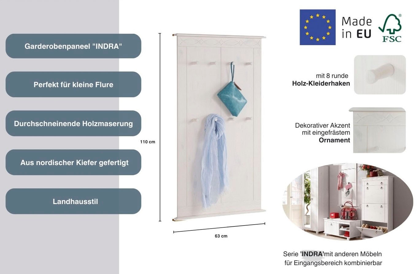 Home affaire Garderobenpaneel »Indra«, aus massiver Kiefer, FSC®, 8 Haken, dezentes Ornament