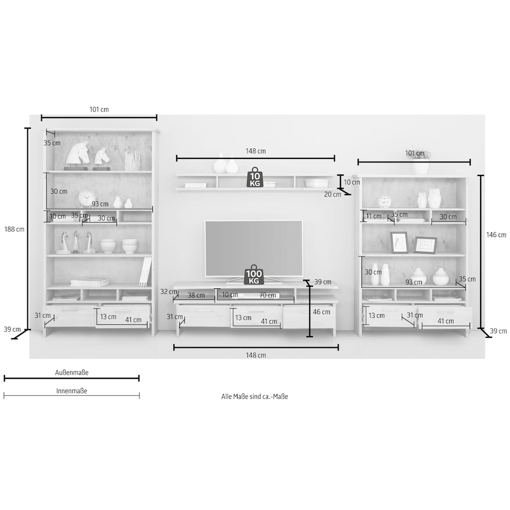 Home affaire Wohnwand »Ixo«, (Set, 4 St.), aus massiver Kiefer