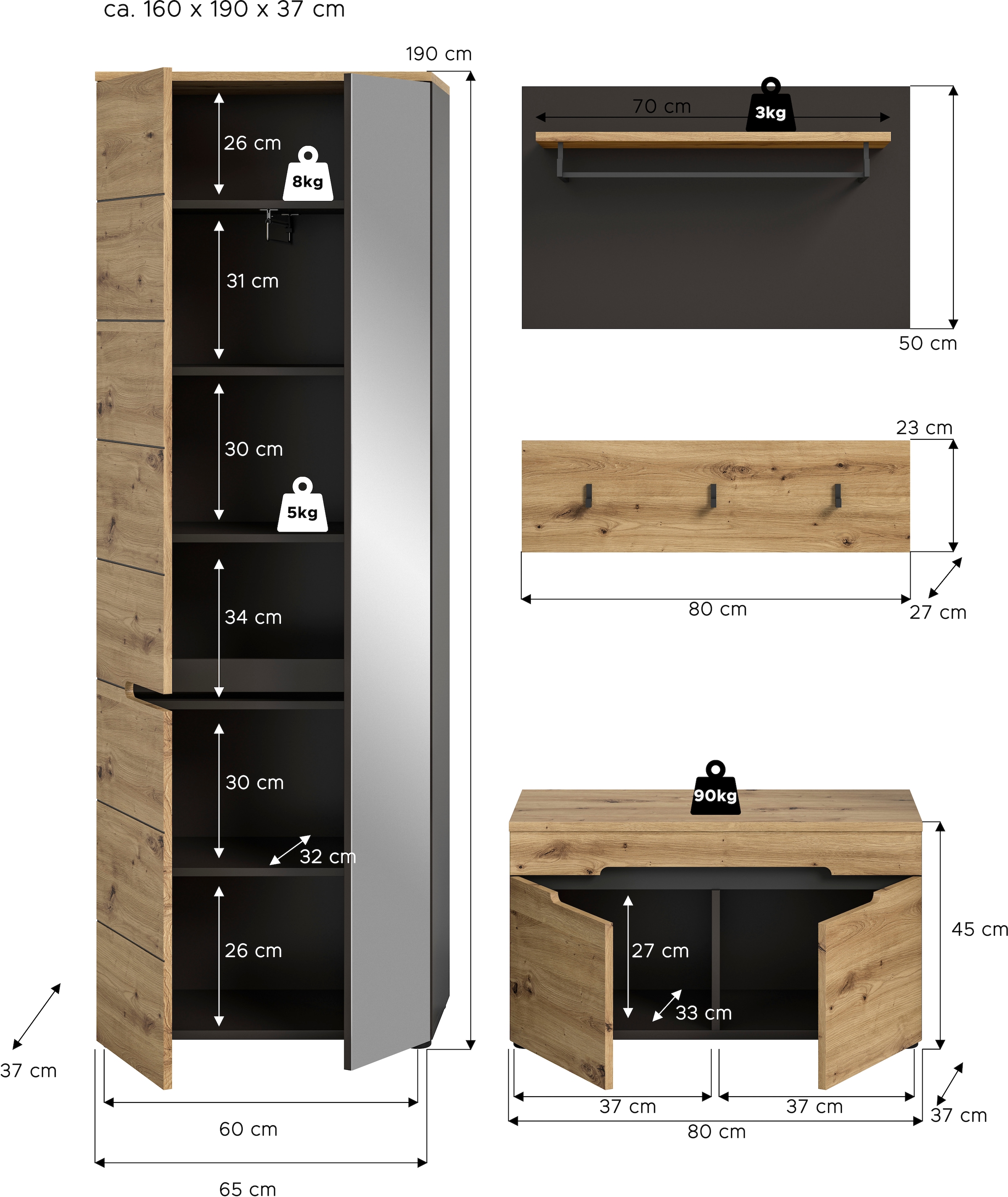 Home affaire Garderoben-Set »REHAT, TOPSELLER!, 4-teilig, Breite 160cm, individuell stellbar« bestehend aus: Garderobenschrank, Sitzbank, Paneel, Hakenleiste, 3 Stk. tlg.