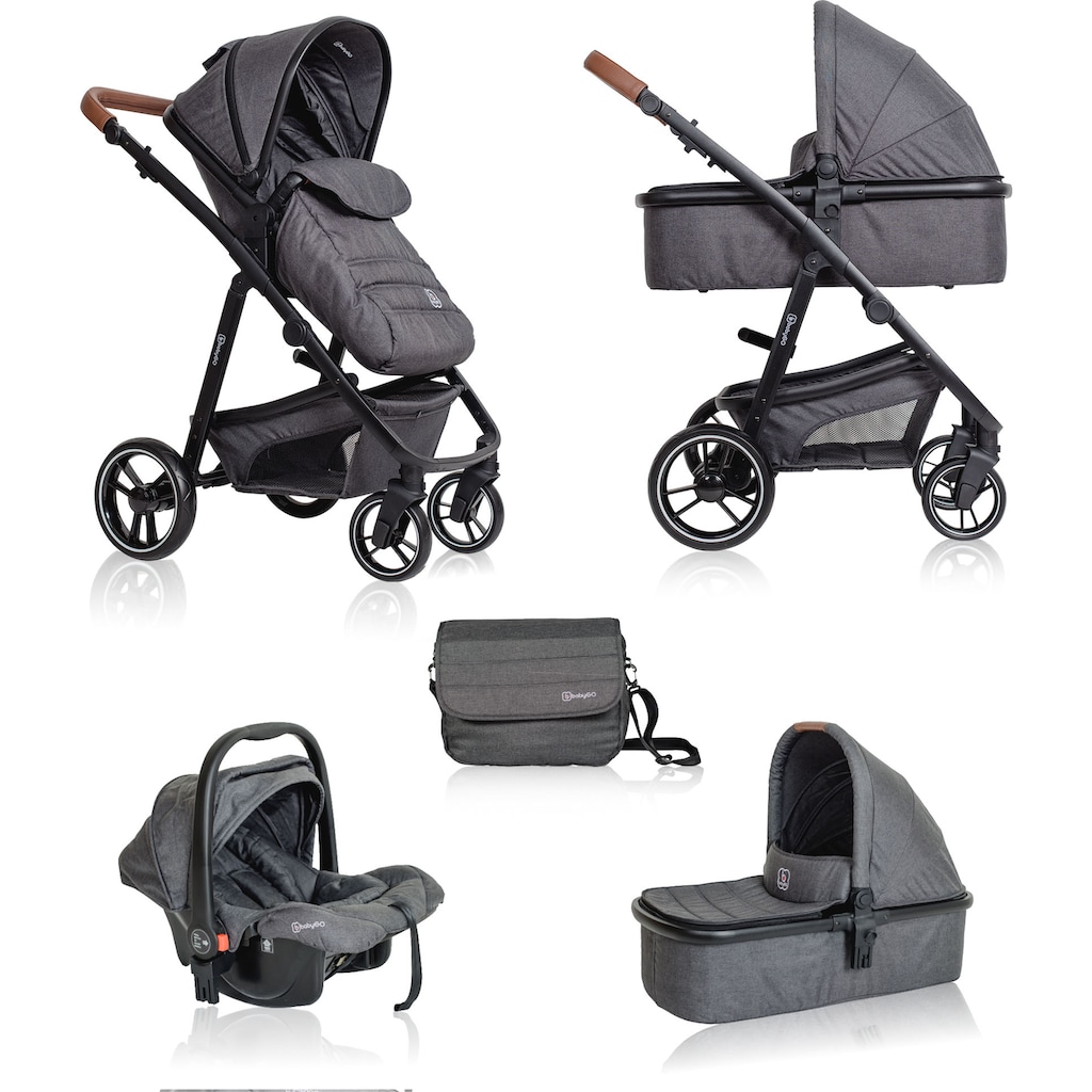 BabyGo Kombi-Kinderwagen »Simplex 3in1 Pram, Grey melange«, 15 kg, inkl. Babywanne + Matratze, Sportaufsatz, Babyschale & Wickeltasche