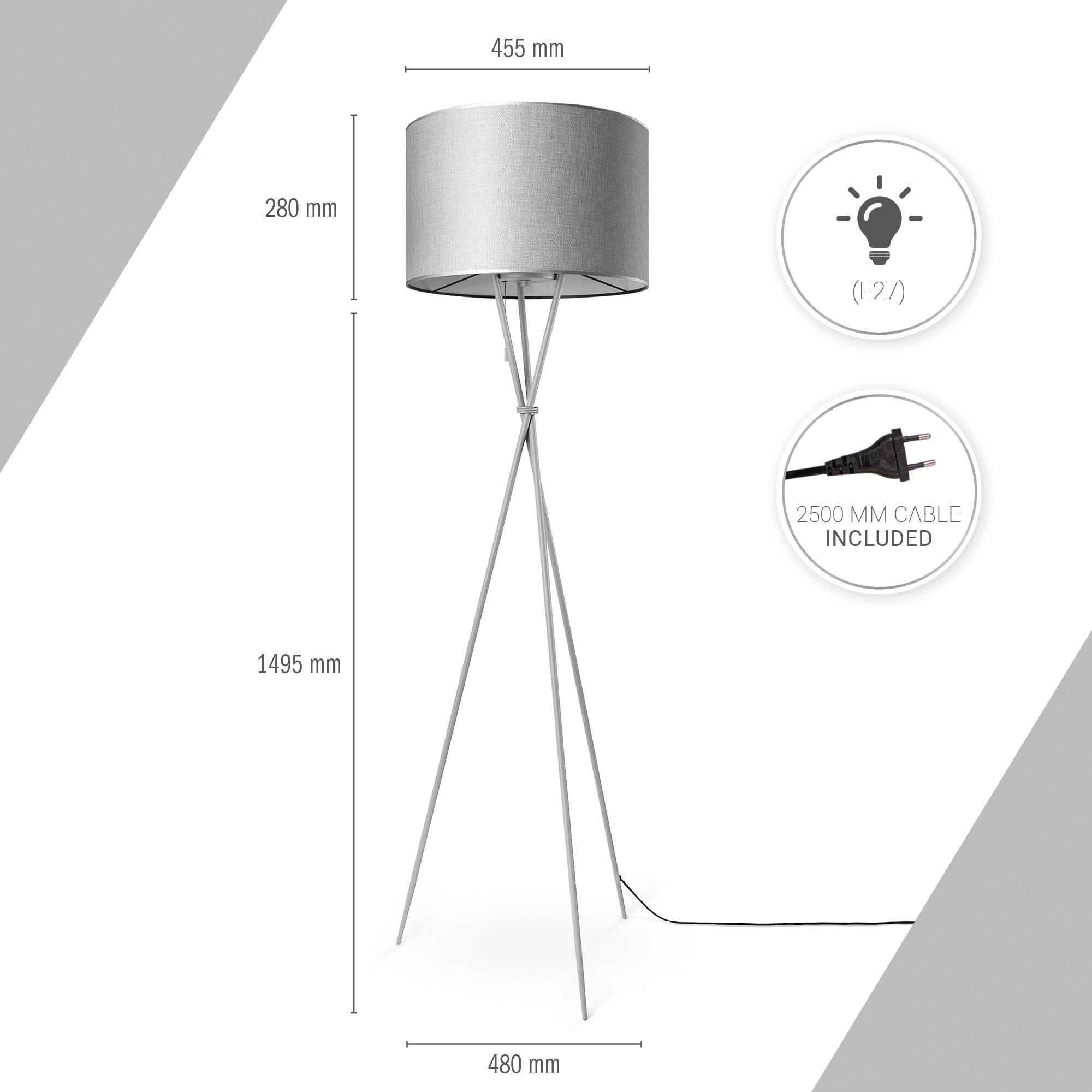 Paco Home Stehlampe »KATE CANVAS UNI COLOR« E27 Wohnzimmer Dreibein Stoffschirmlampe Standleuchte Textil Schirm E27