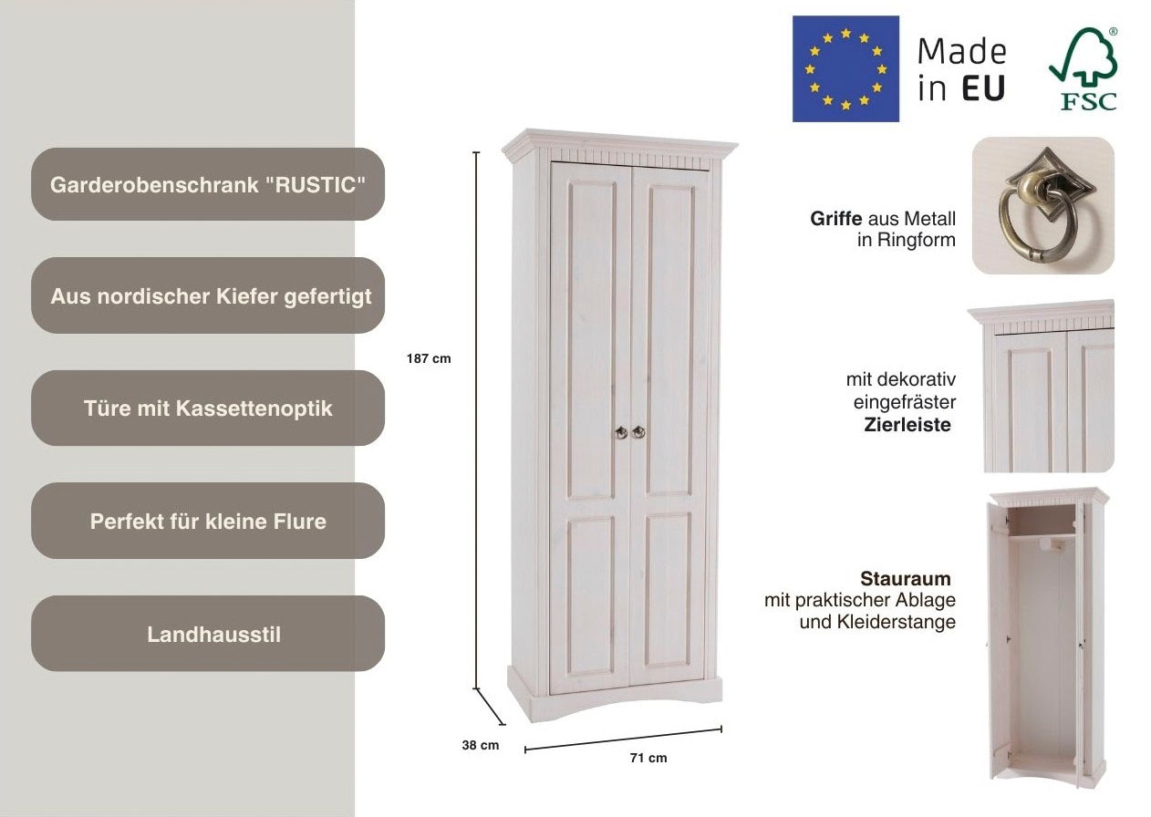 Home affaire Garderobenschrank »Rustic« aus massiver Kiefer, Breite 71 cm, Kassettenoptik
