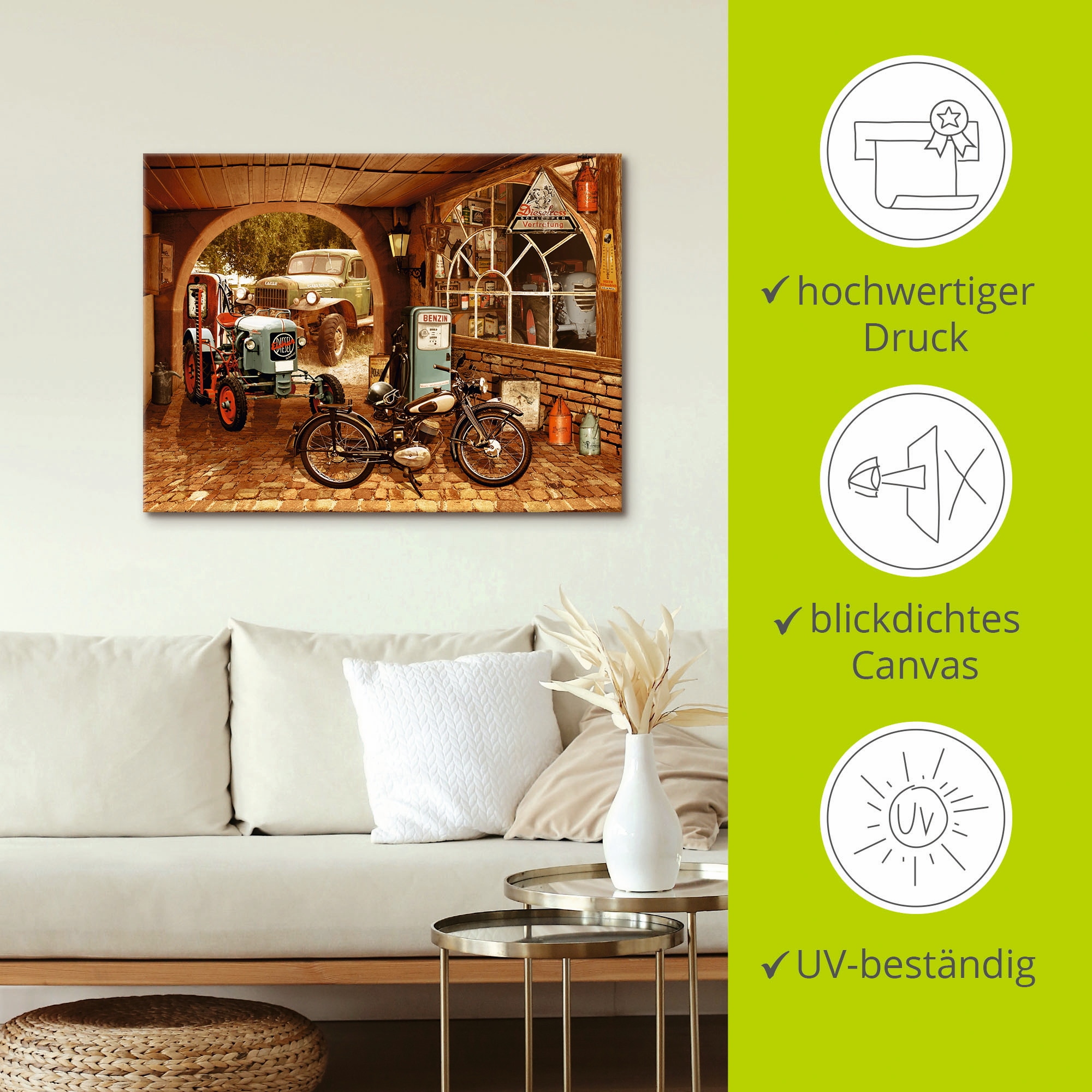 Artland Leinwandbild »Werkstatt mit Traktor und Motorrad« Traktoren 1 Stk. tlg. auf Holzrahmen gespannt