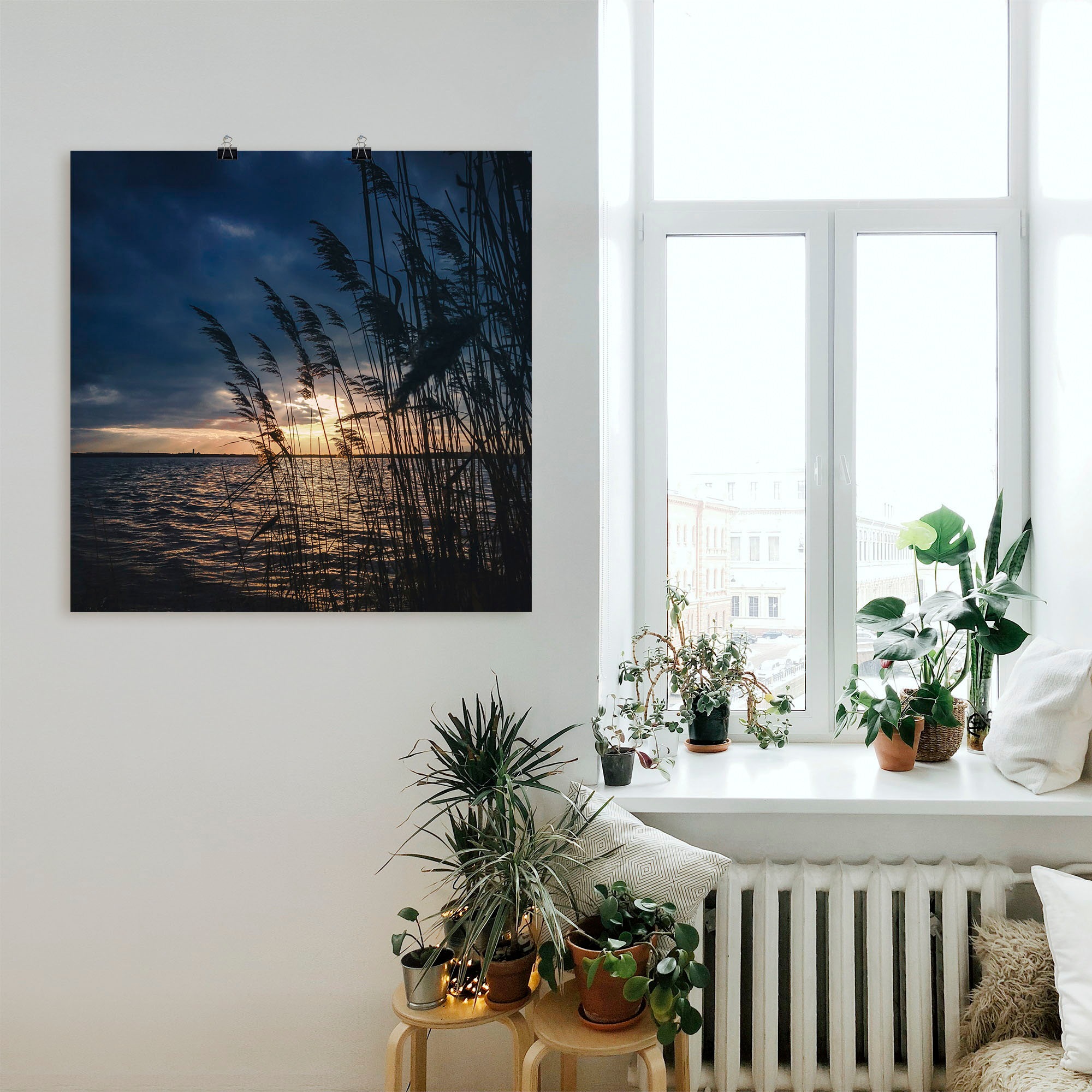 Artland Alu-Dibond-Druck »Sonnenuntergang mit Schilf am See«, Seebilder, (1 St.), für Innen- und Außenbereich geeignet, Outdoorbild