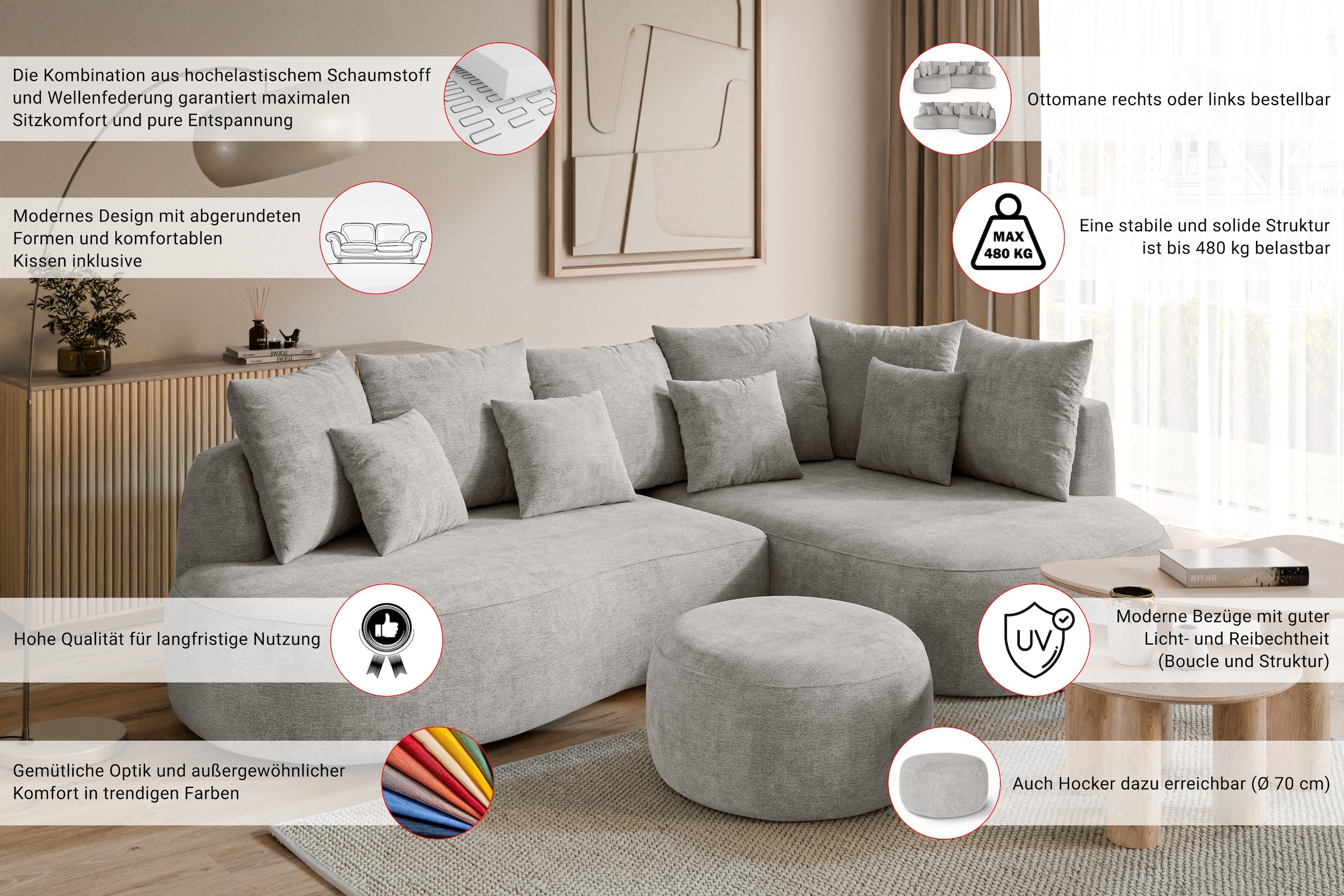homsy by Ana Johnson Ecksofa »PEBBLA L-Form mit vielen Kissen, modernes Design, Bezug- Boucle« Breite 267 cm, Design-Sofa mit Ottomane recht/links bestellbar