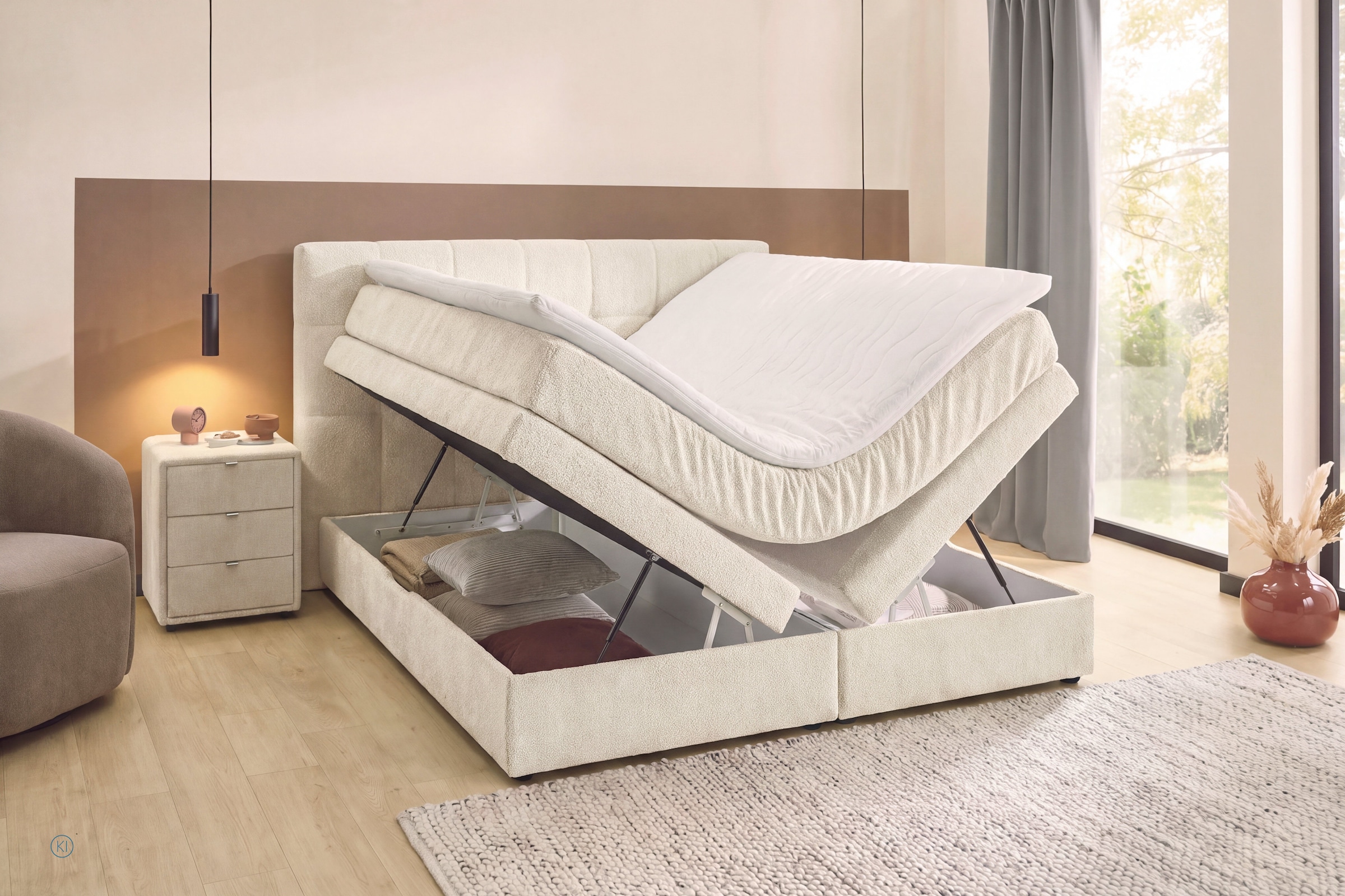 Jockenhöfer Gruppe Boxspringbett »AMY mit Bettkasten, inkl. Taschenfederkernmatratze Härtegrad H3-H4« mit 6 cm Kaltschaum-Topper, Chenille-Bezug, 180x200 und 200x200 cm