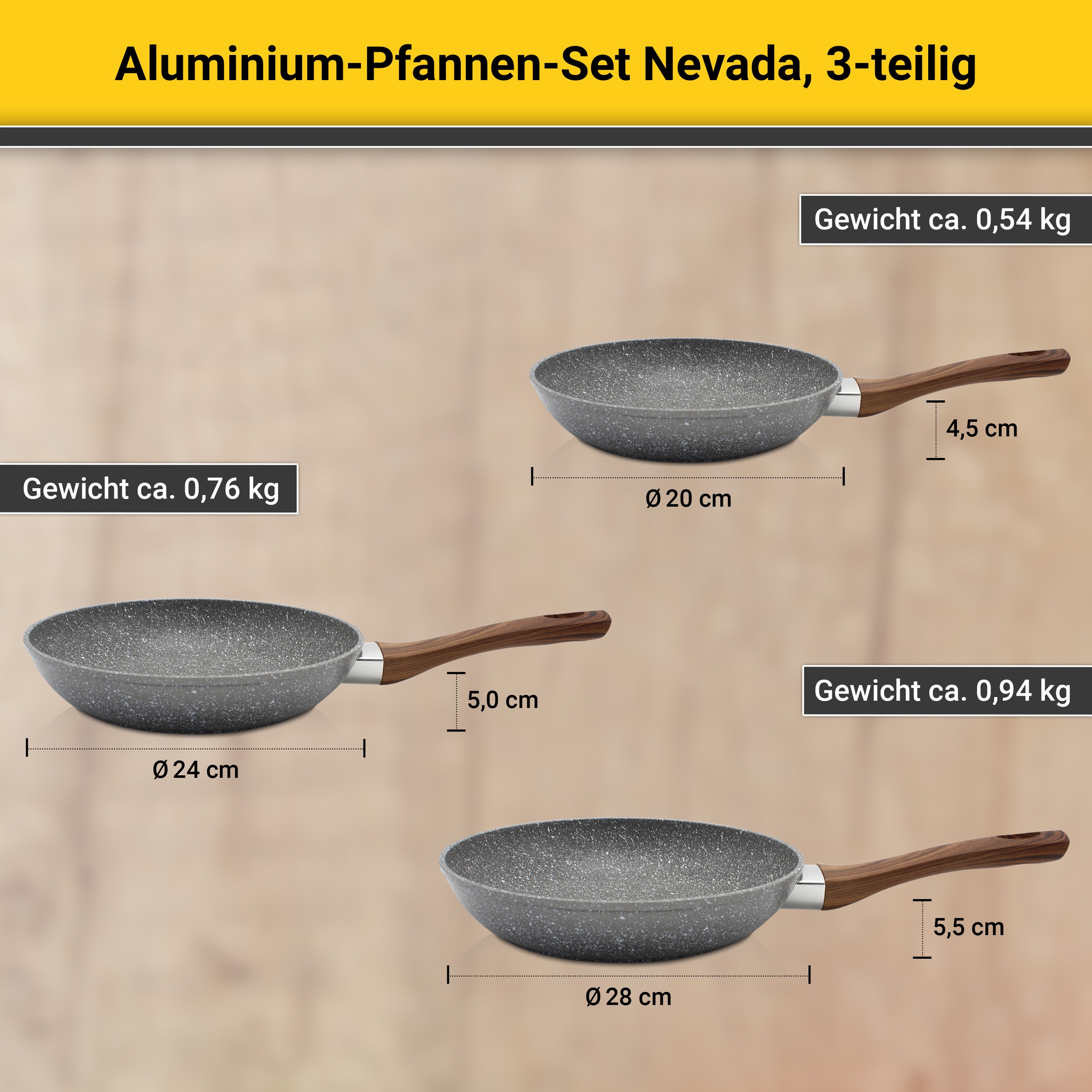Krüger Pfannen-Set »Nevada« Aluminium Set, 3 Stk. tlg. Soft-Touch-Griff, Ø 20/24/28 cm, Induktion