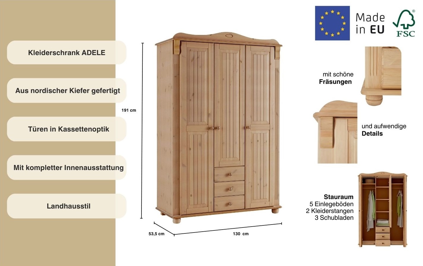 Home affaire Kleiderschrank »Adele«, (4 Breiten: 92/130/169/207 H/T ca. 191/54 cm), aus massiver Kiefer,Spiegel beim 4-und 5-trg.Schrank, Innenausstattung
