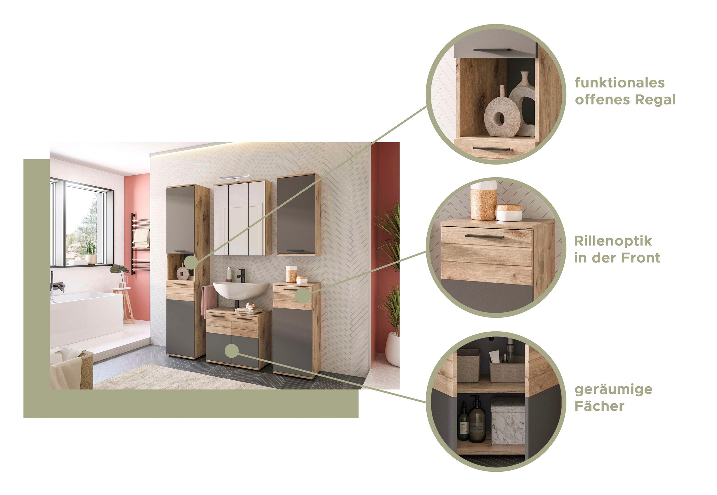 INOSIGN Badmöbel-Set »Riga, 3 teilig, bestehend aus:«, (Set), Hochschrank, Waschbeckenunterschrank, Spiegel